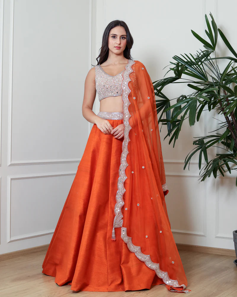 Rust Rawsilk Lehenga