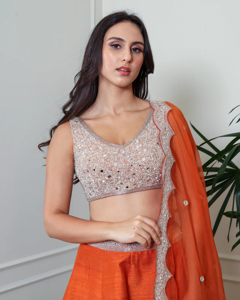 Rust Rawsilk Lehenga