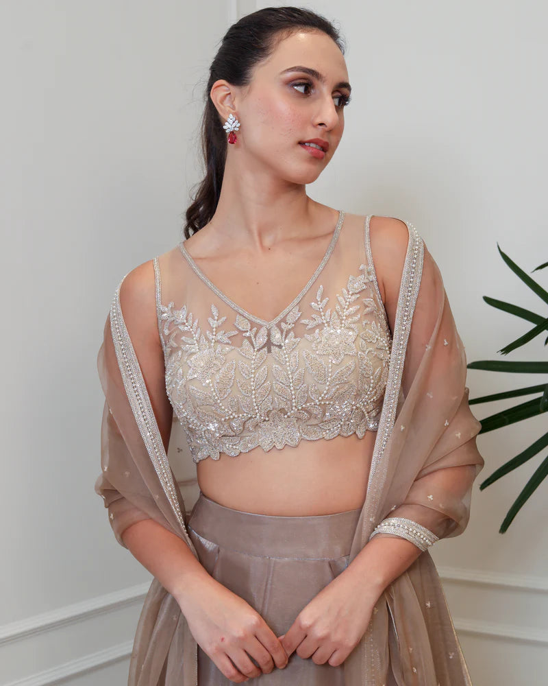 Taupe Organza Lehenga