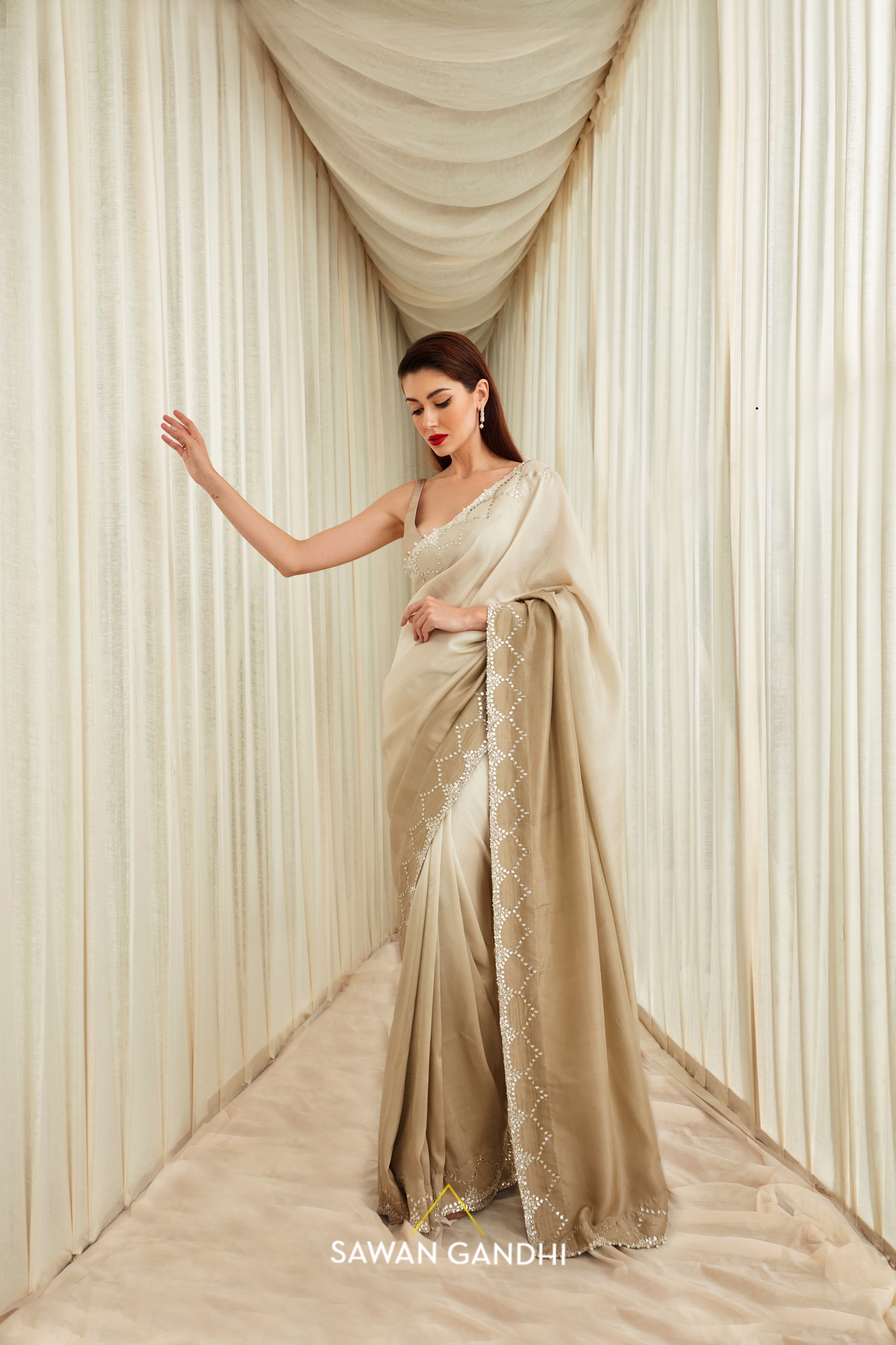Beige Grey ombree saree set