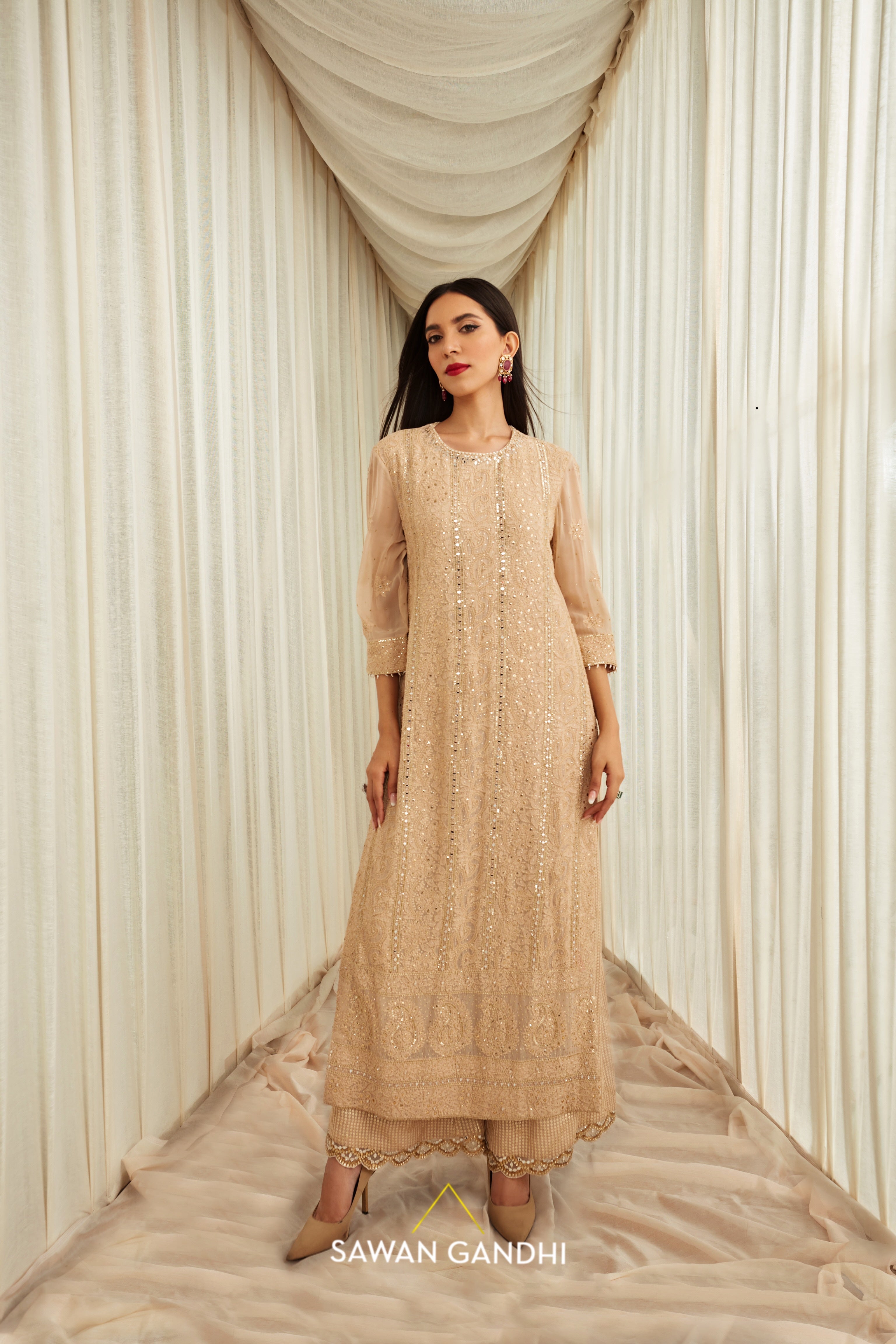 Beige golden Chikankari suit set