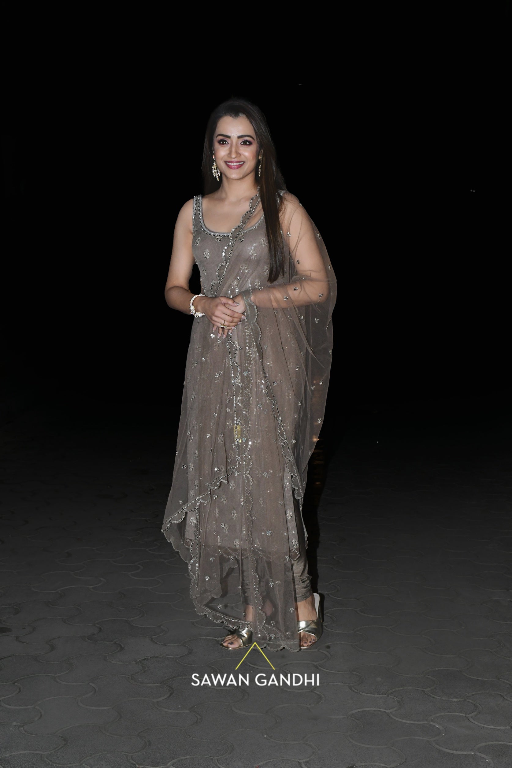 Trisha Krishnan in Taupe sequins mirror work suit