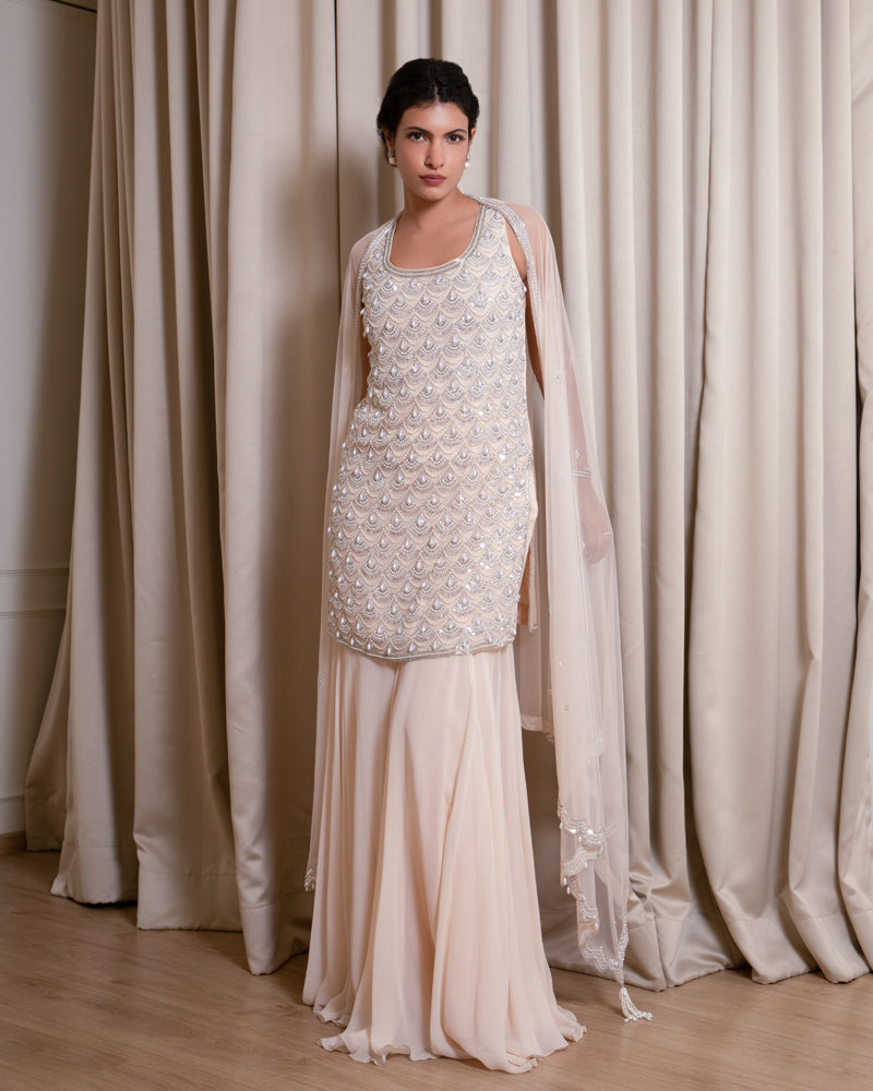 Peach Sharara Set with Dangling Pearls