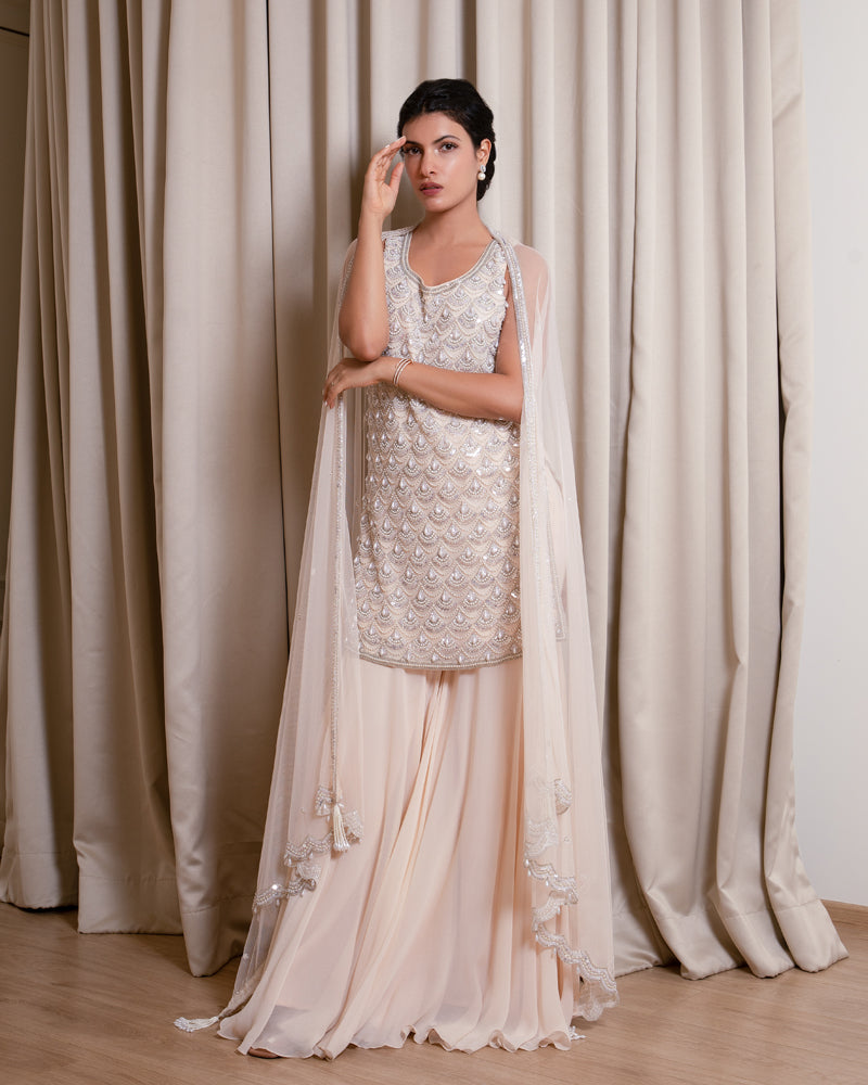 Peach Sharara Set with Dangling Pearls