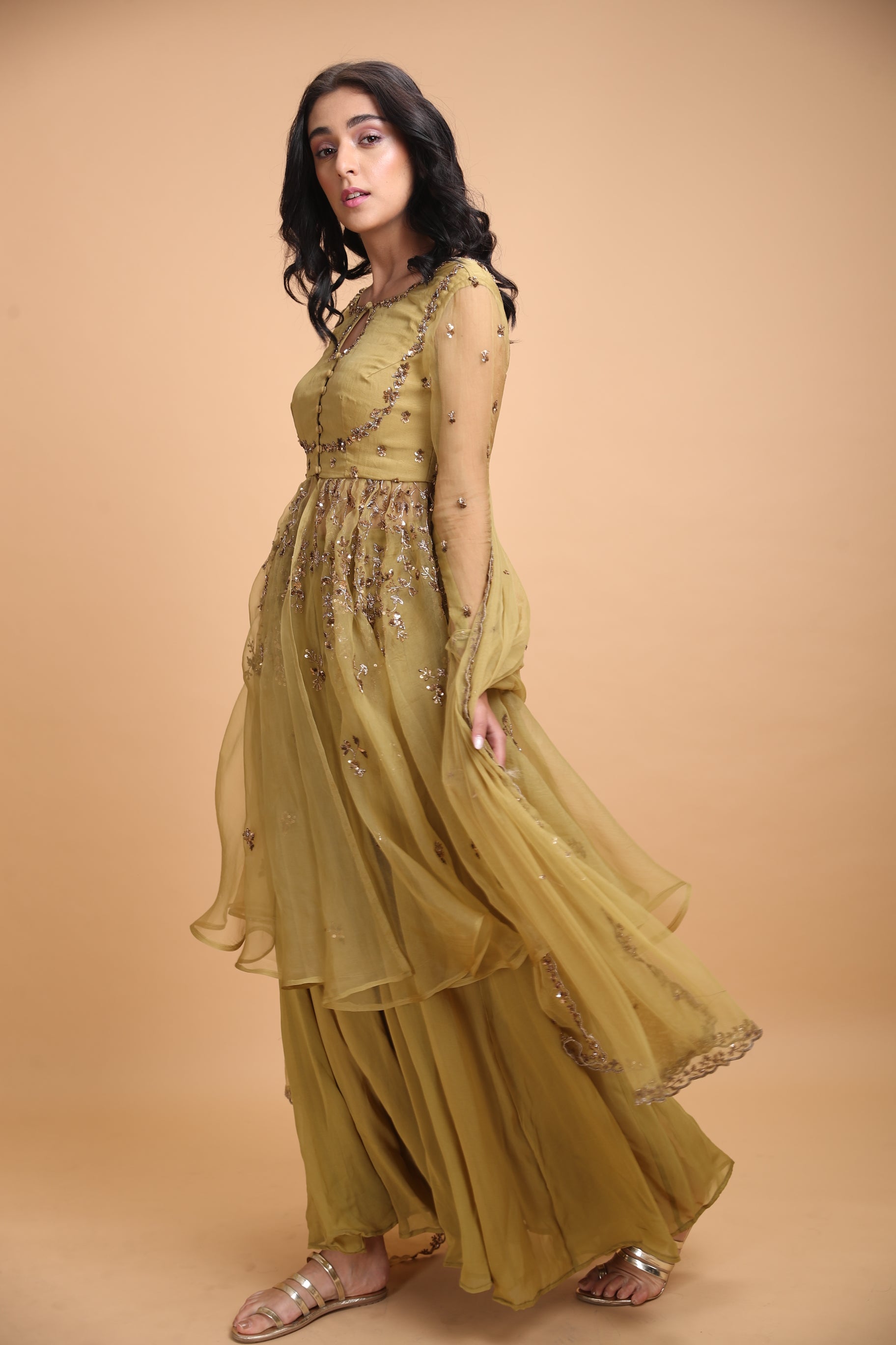 Leaf Green Jacket With Flare Georgette Pants