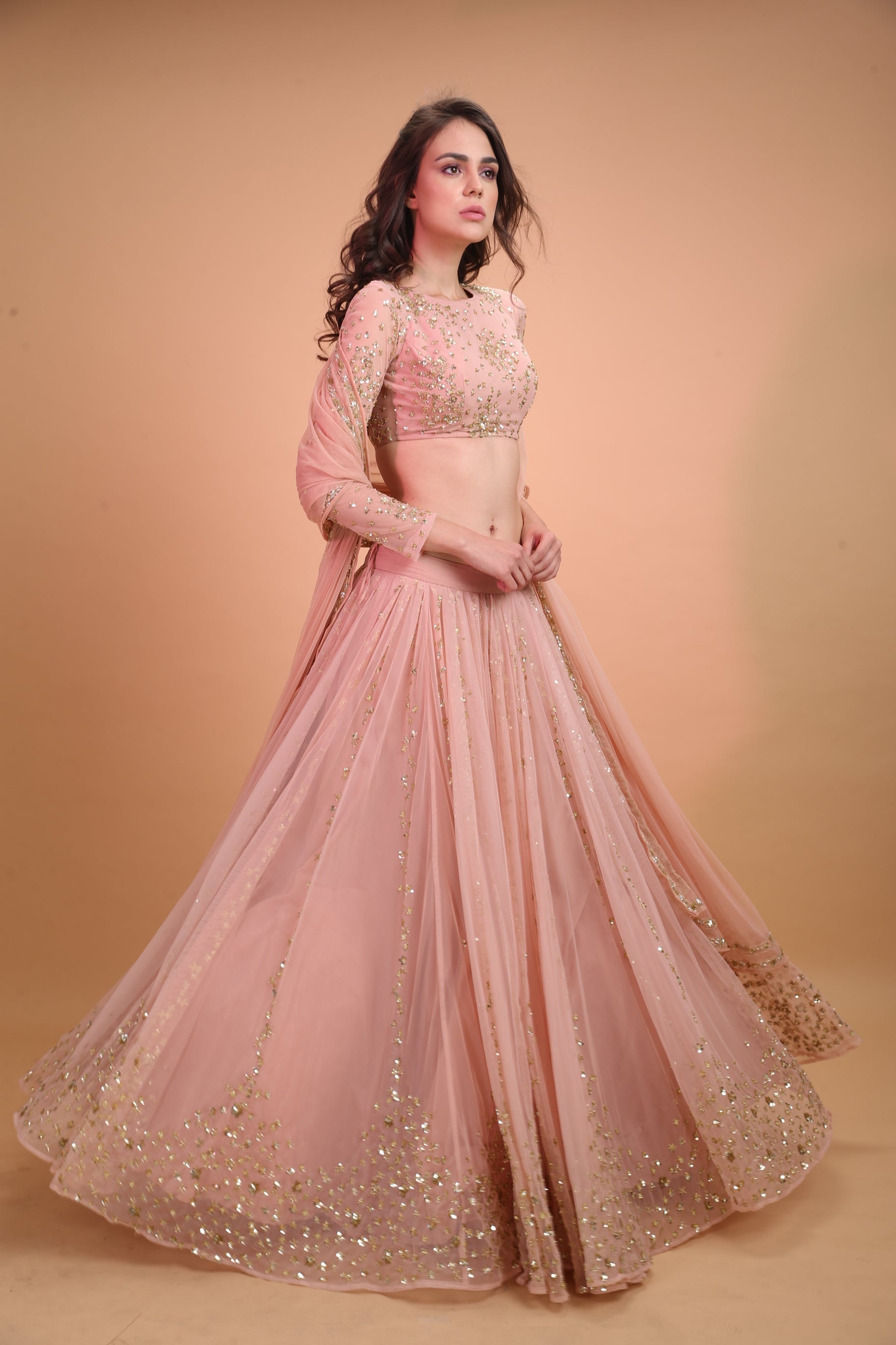 Peach Pink Gold Work Lehenga Set
