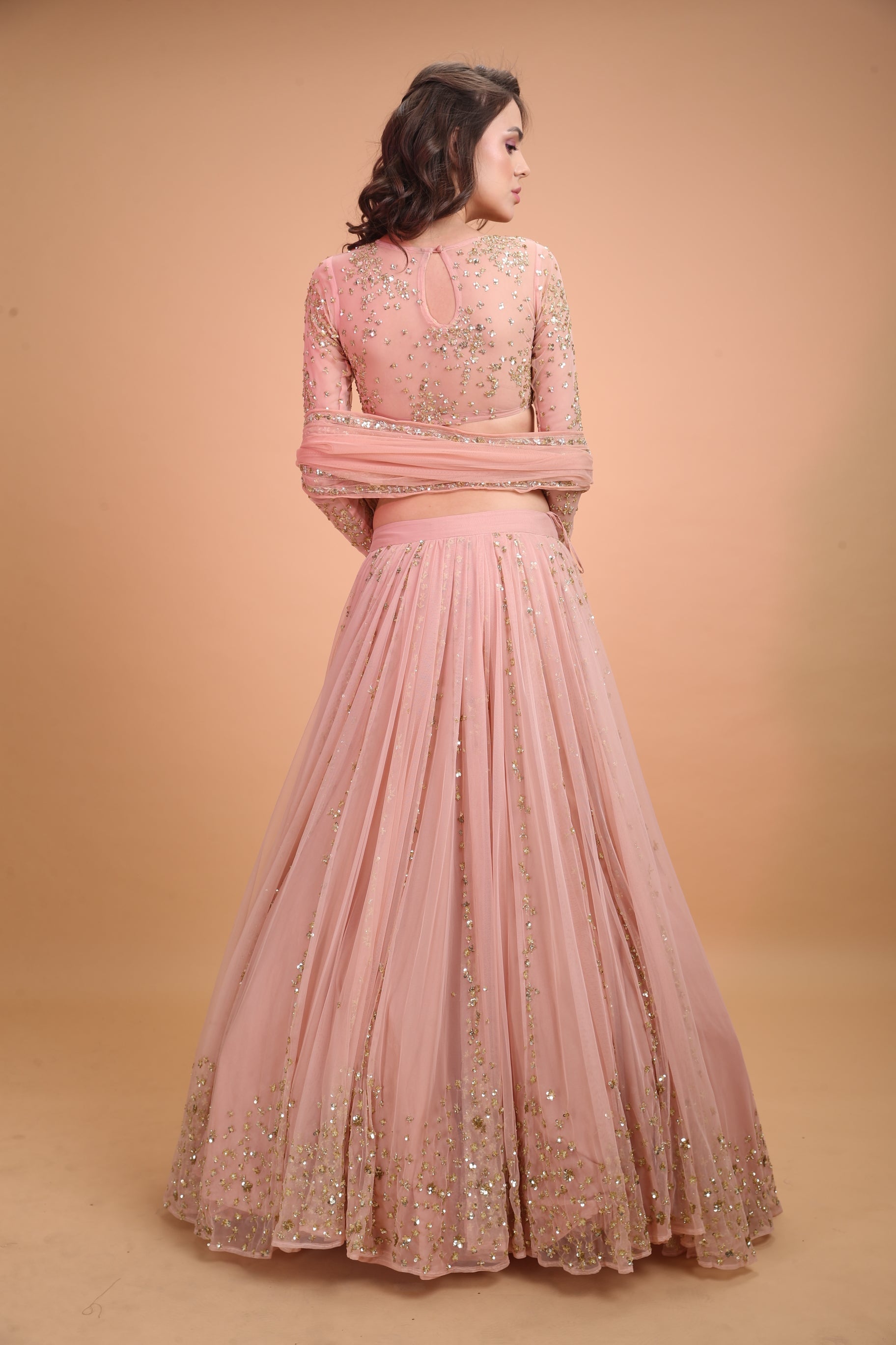 Peach Pink Gold Work Lehenga Set