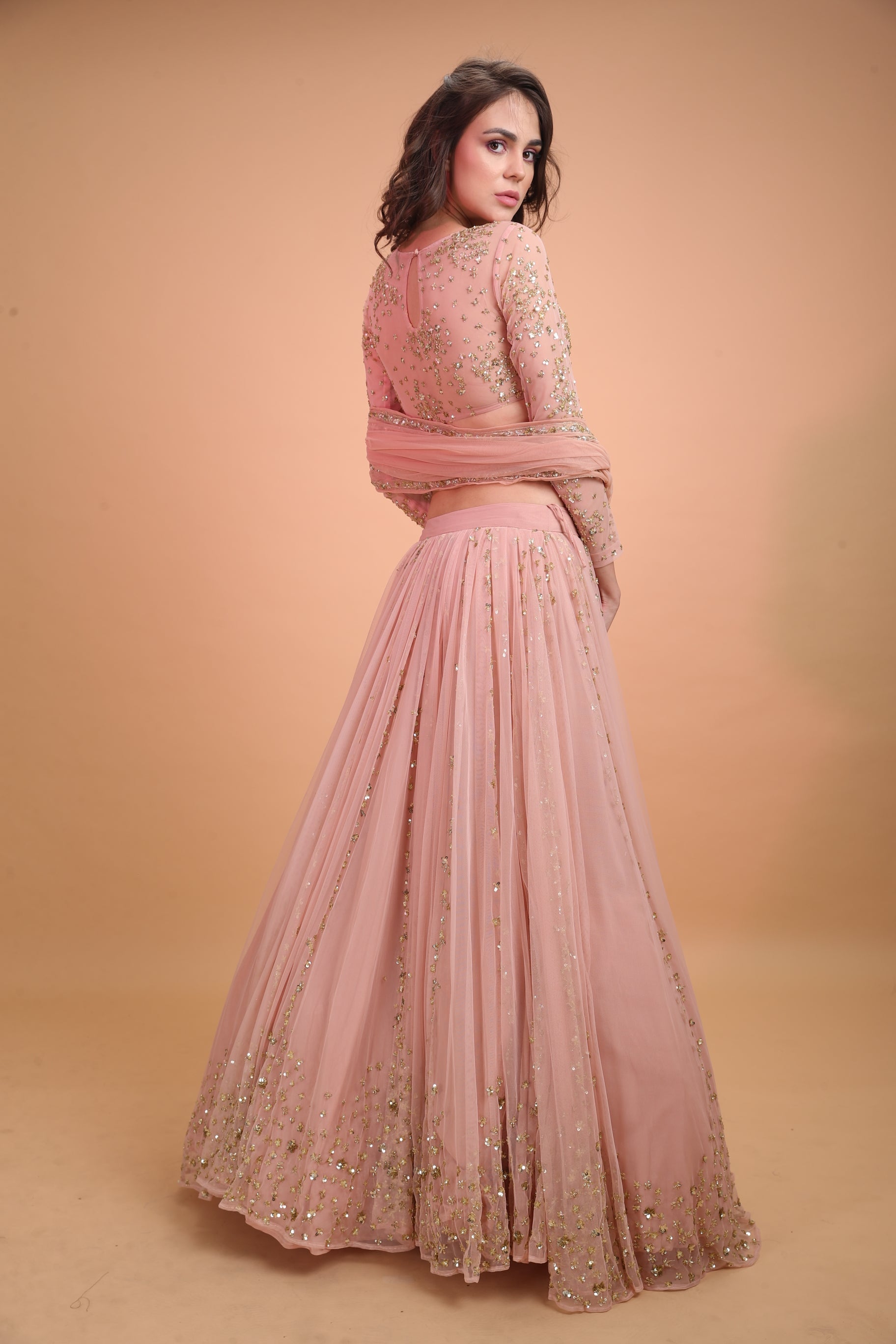 Peach Pink Gold Work Lehenga Set