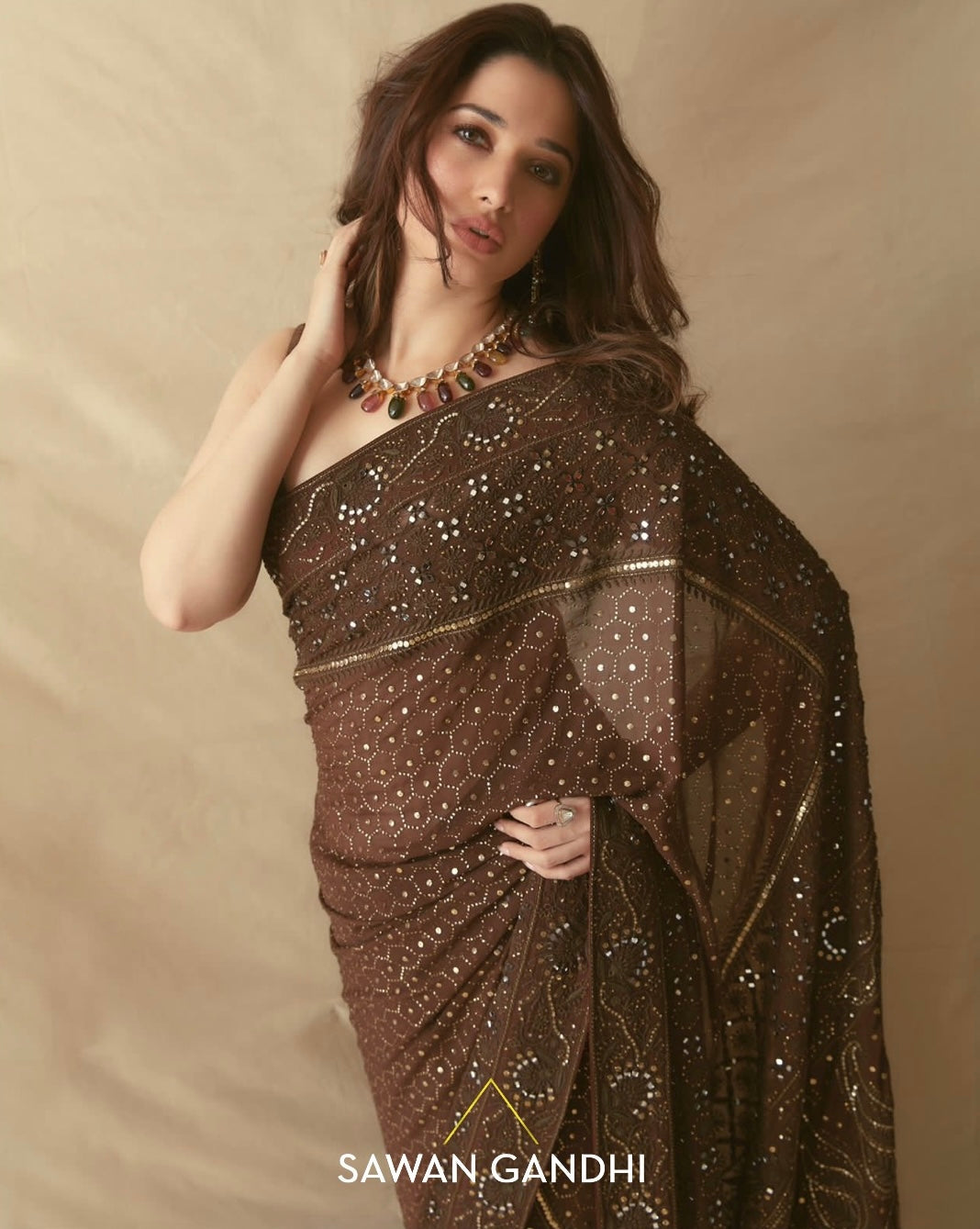 Tamannaah bhatia in coffee chikenkari saree