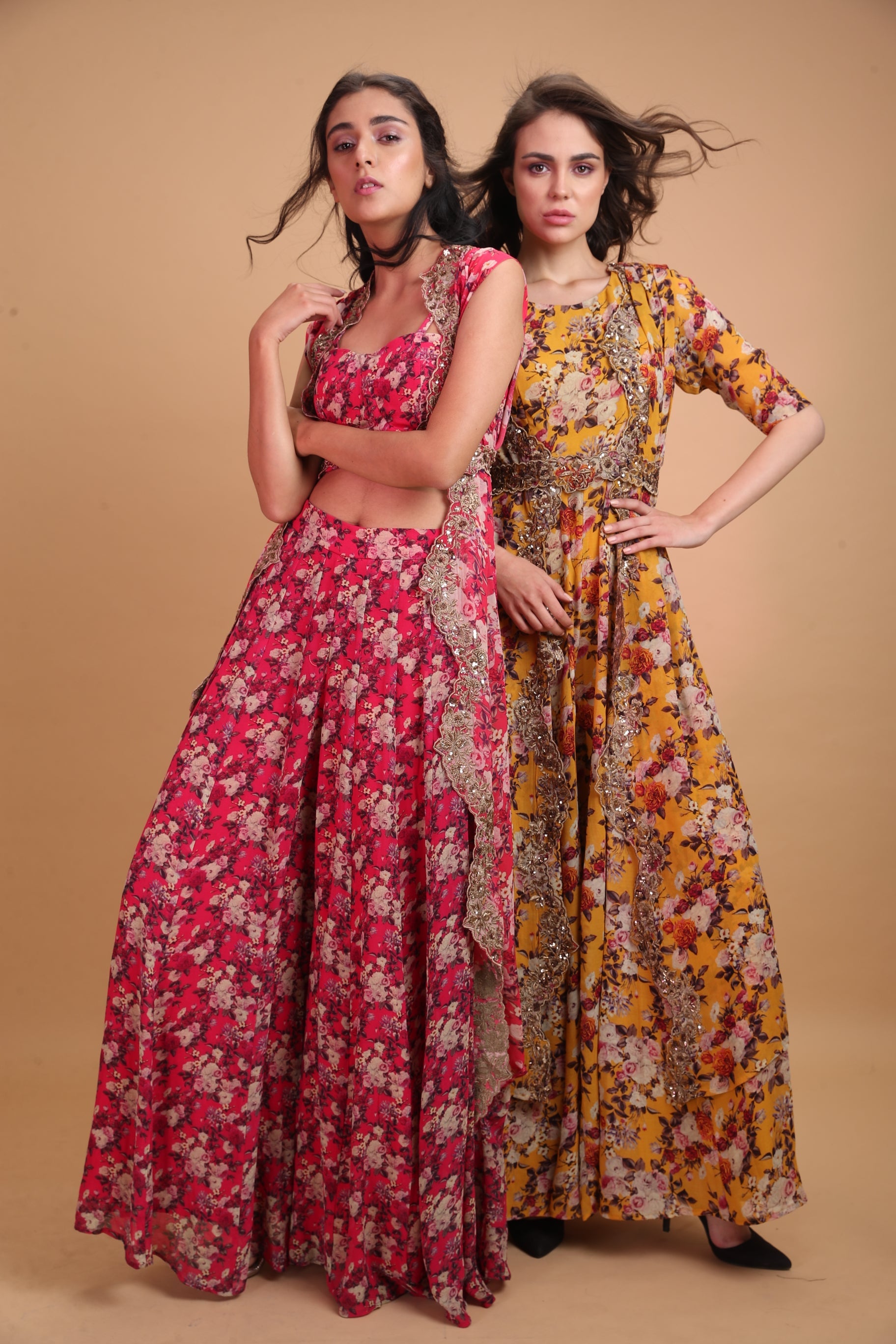 Hot Pink Floral Crop Top With Sharara Pants