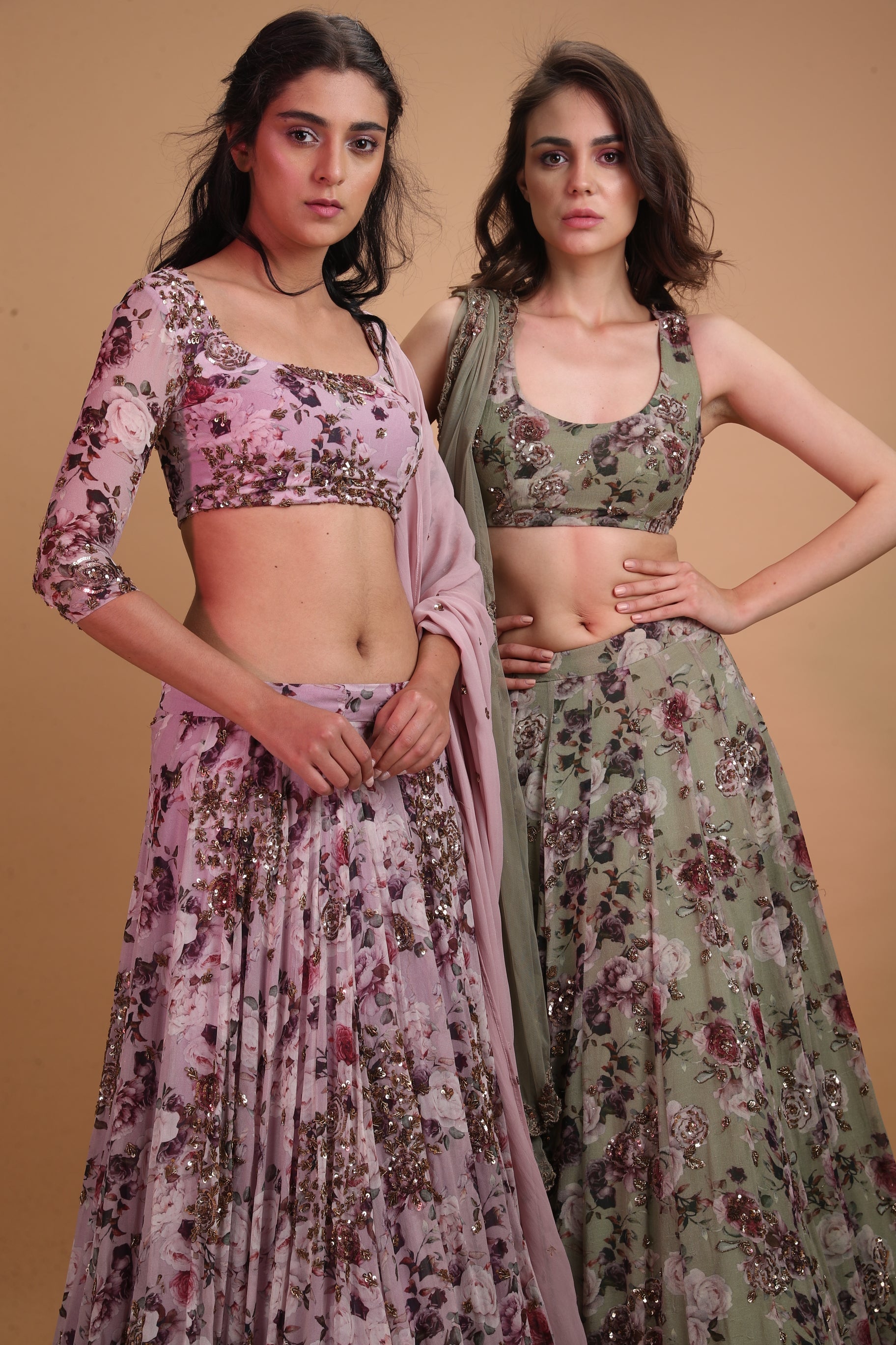 Olive Printed Floral Lehenga Set