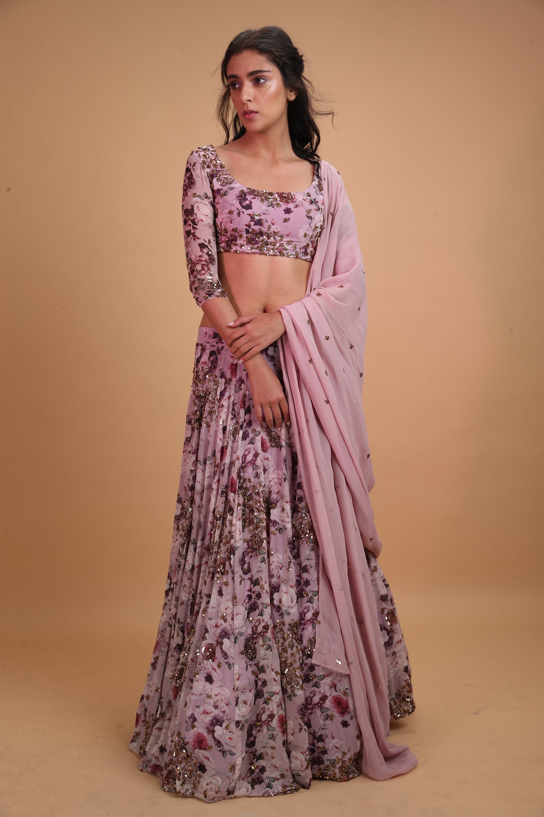 Lavender Printed Floral Lehenga Set