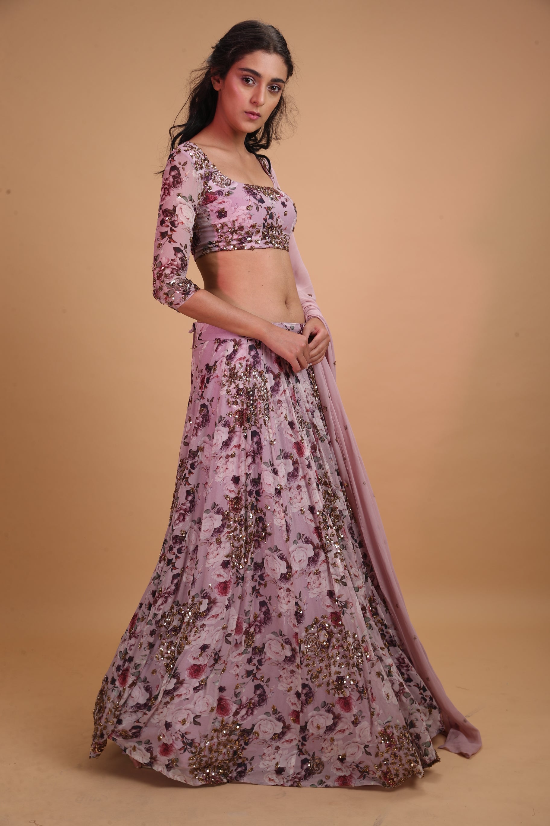 Lavender Printed Floral Lehenga Set