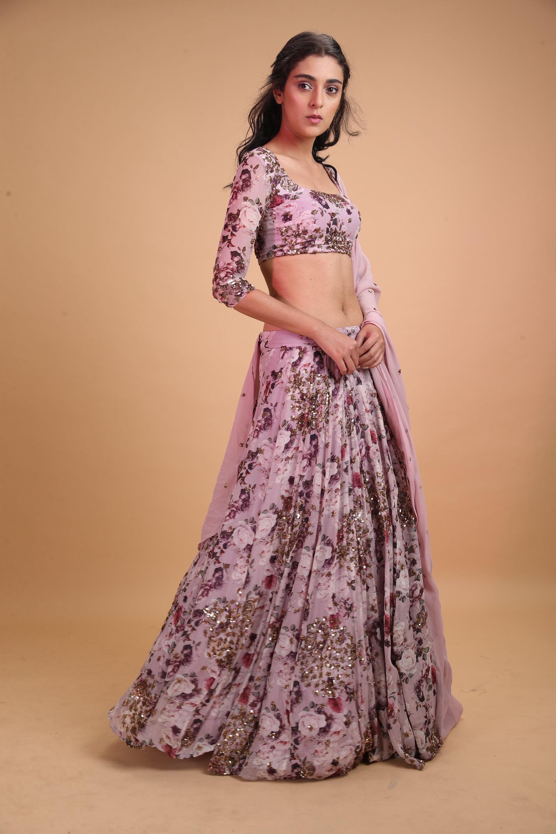 Lavender Printed Floral Lehenga Set