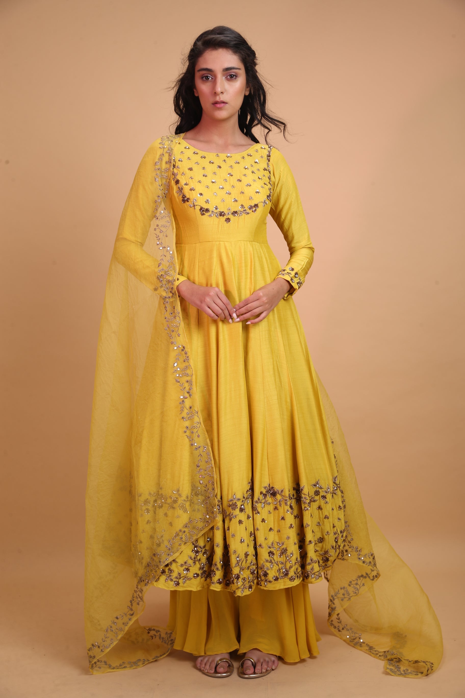 Yellow Mustard Anarkali With Yellow Dupatta