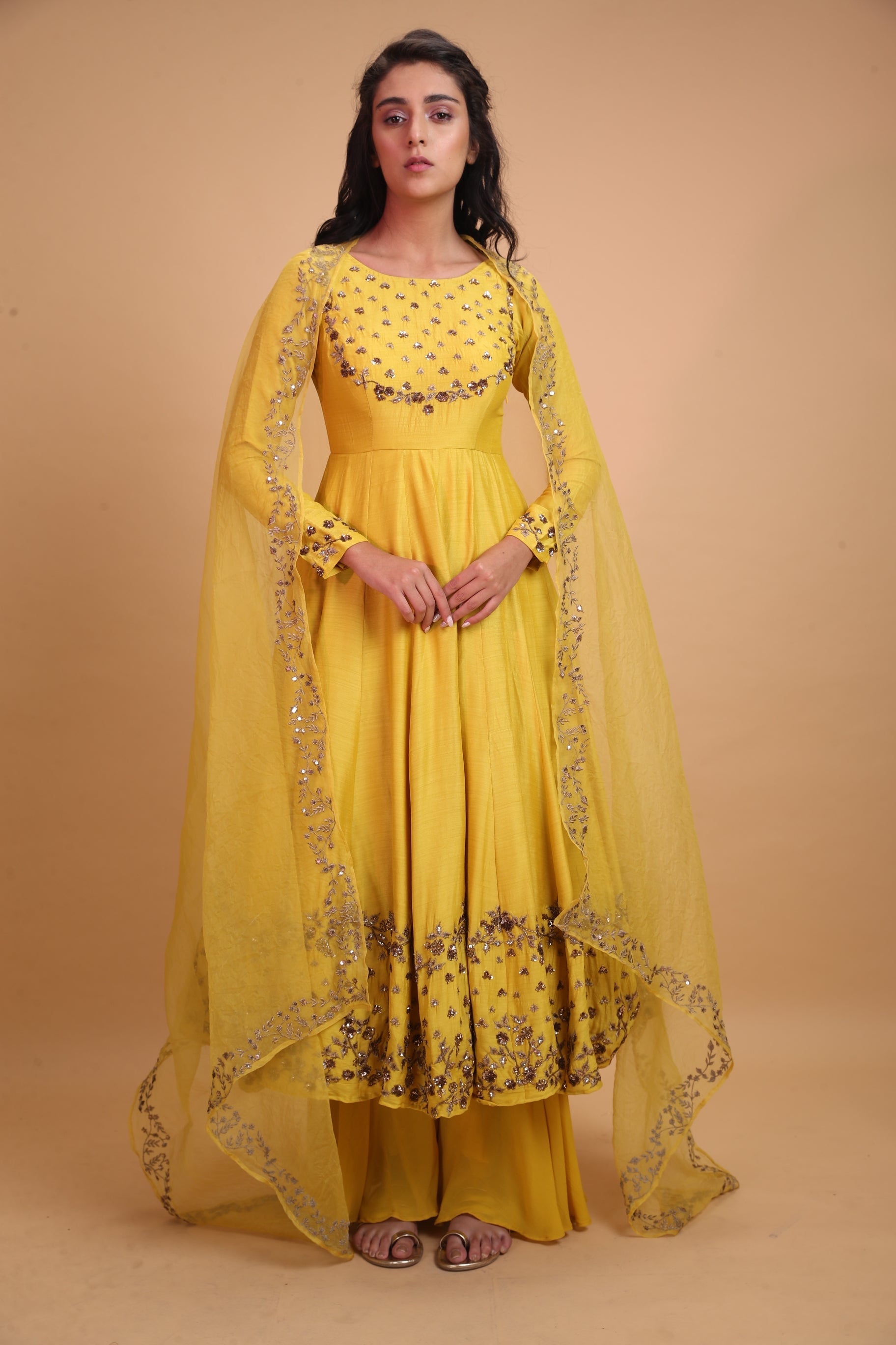 Yellow Mustard Anarkali With Yellow Dupatta