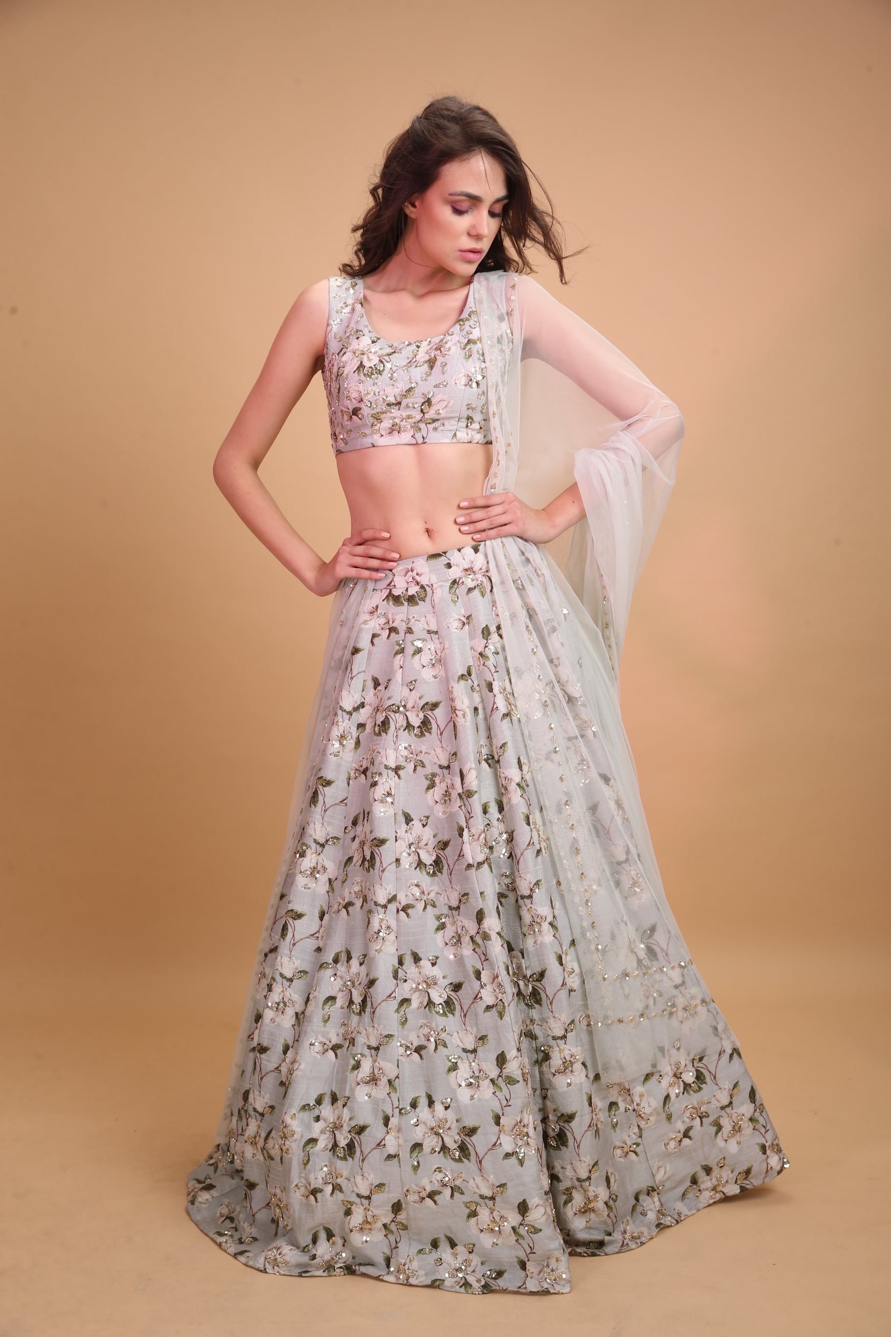 Powder Blue Raw Silk Printed Lehenga