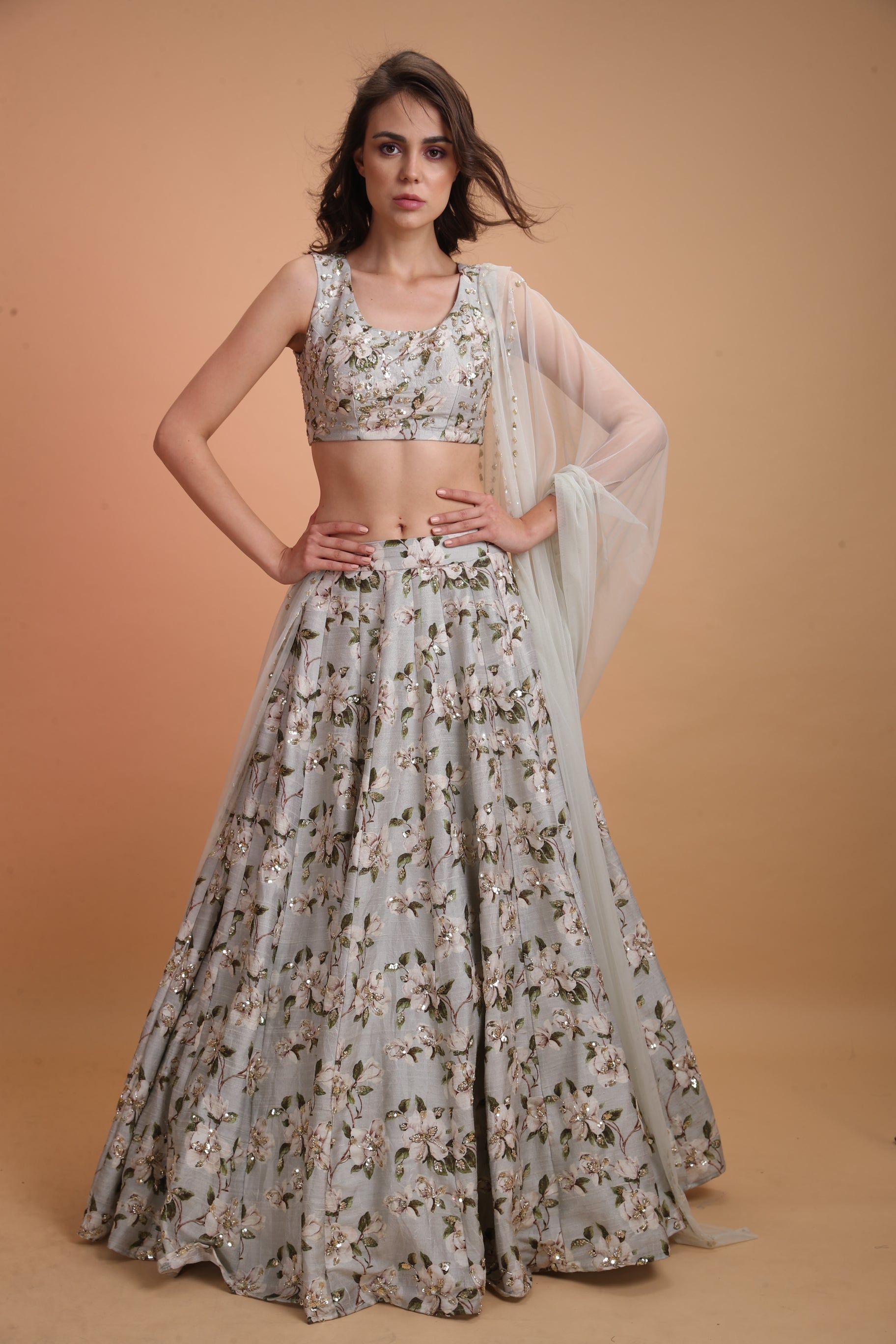Powder Blue Raw Silk Printed Lehenga