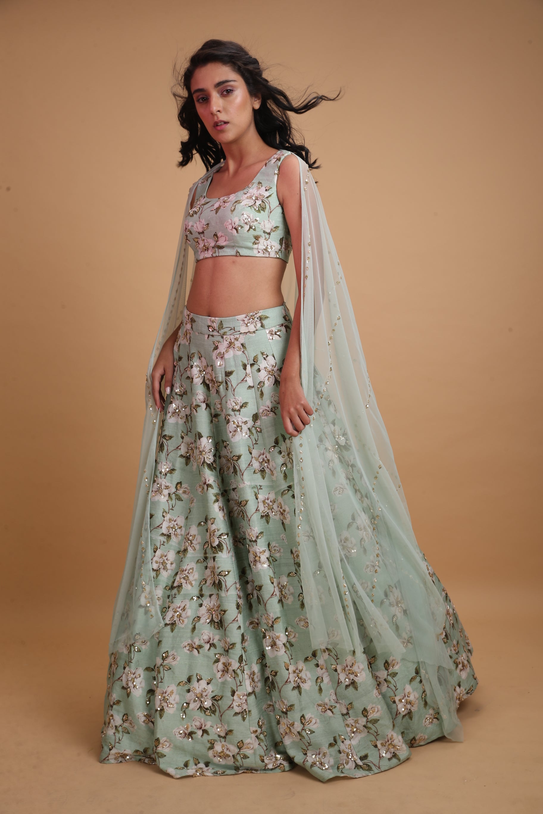 Mint Green Raw Silk Printed Lehenga
