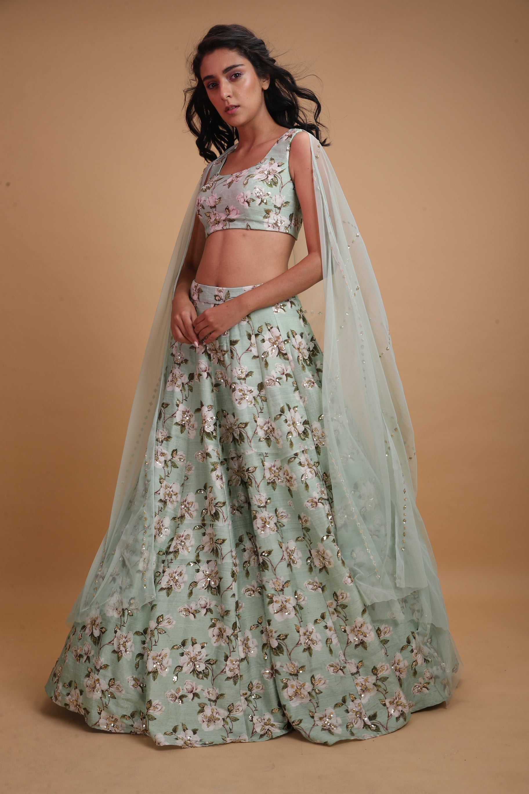 Mint Green Raw Silk Printed Lehenga