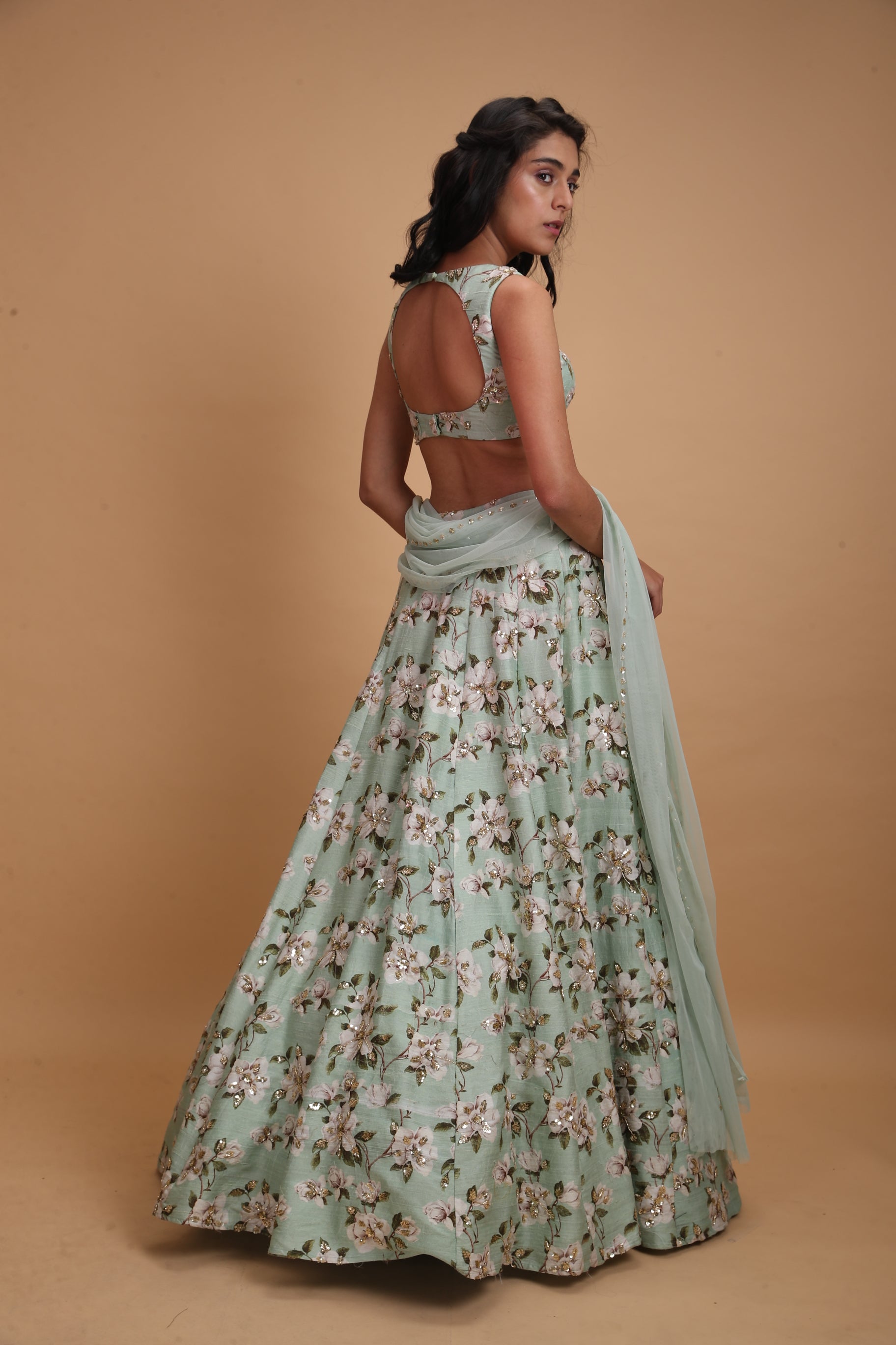 Mint Green Raw Silk Printed Lehenga