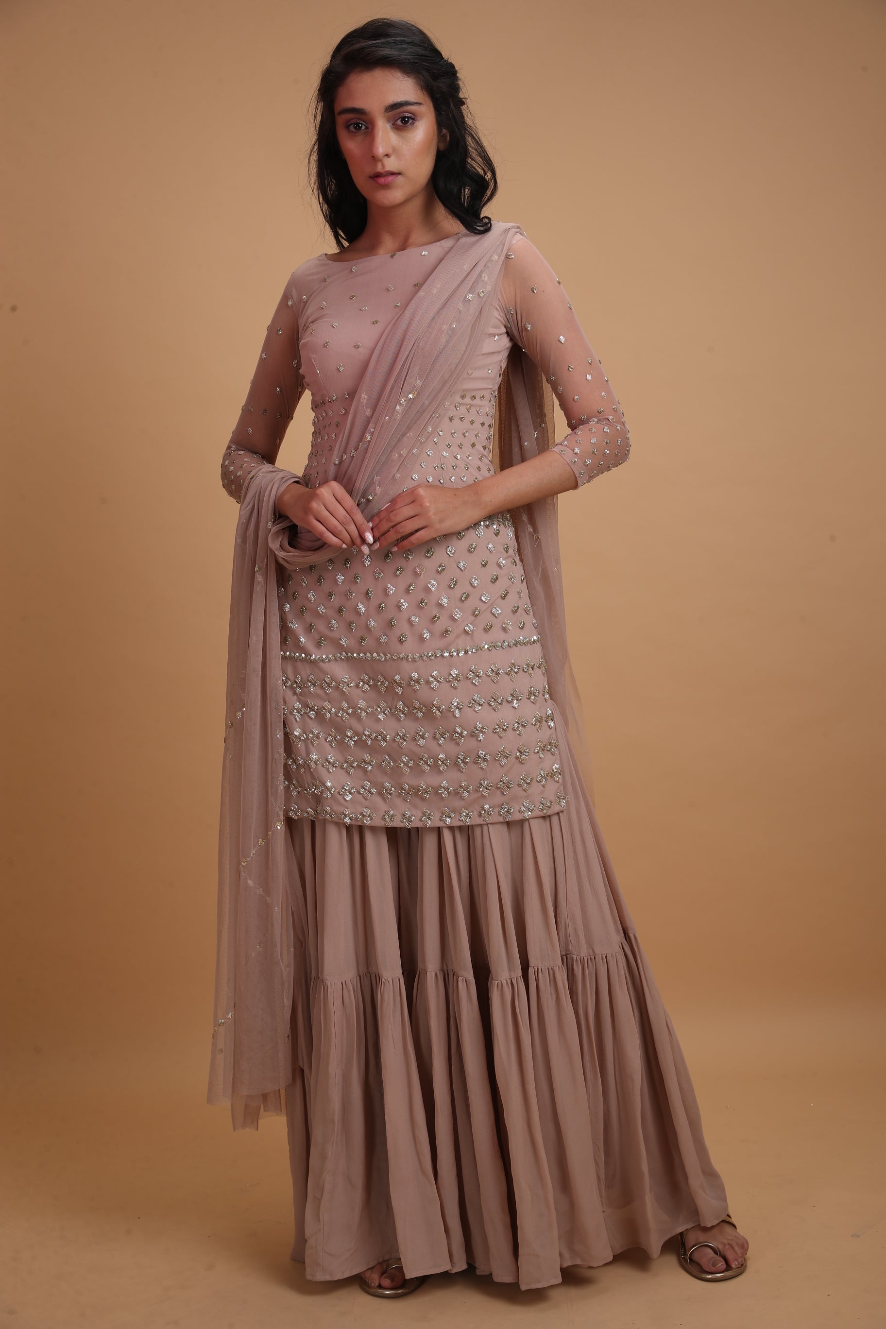 Pale Pink Net Kurti With Sharara Set