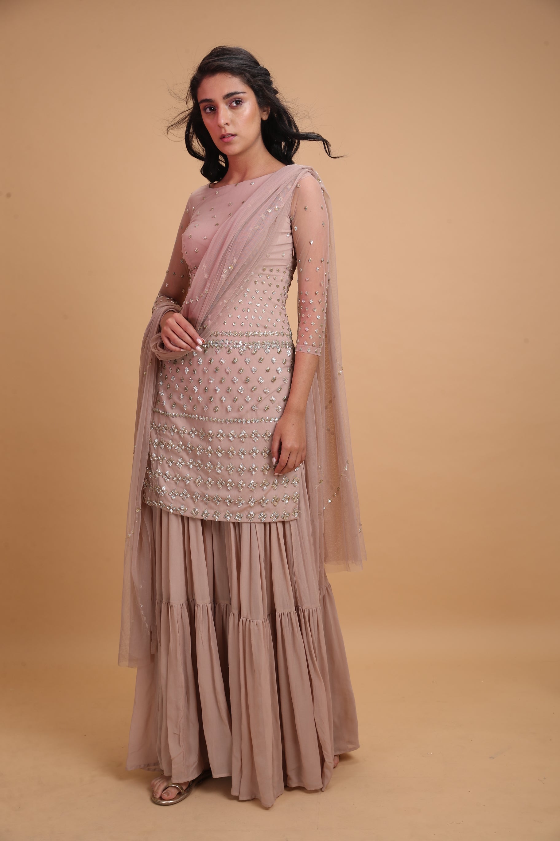 Pale Pink Net Kurti With Sharara Set