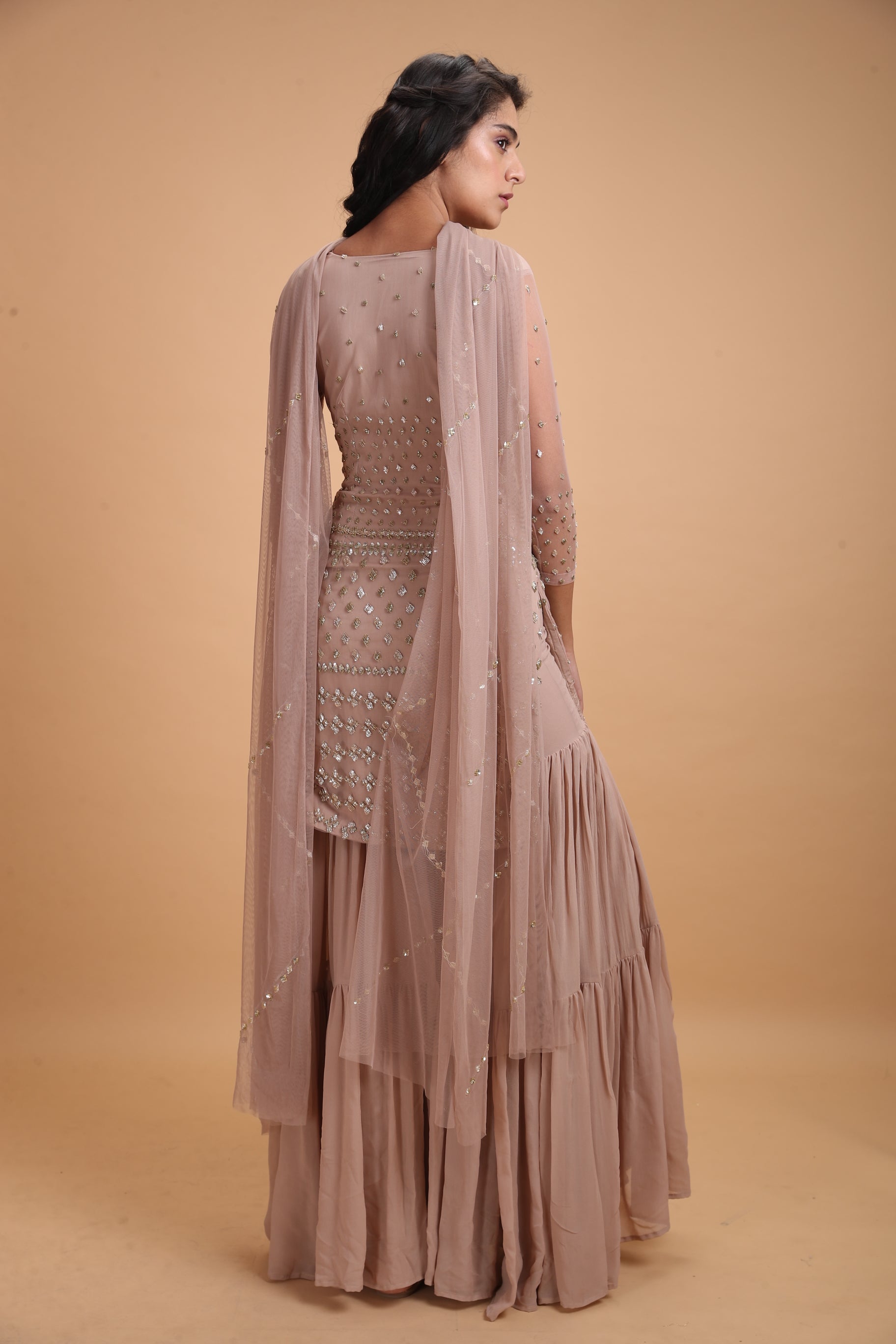 Pale Pink Net Kurti With Sharara Set