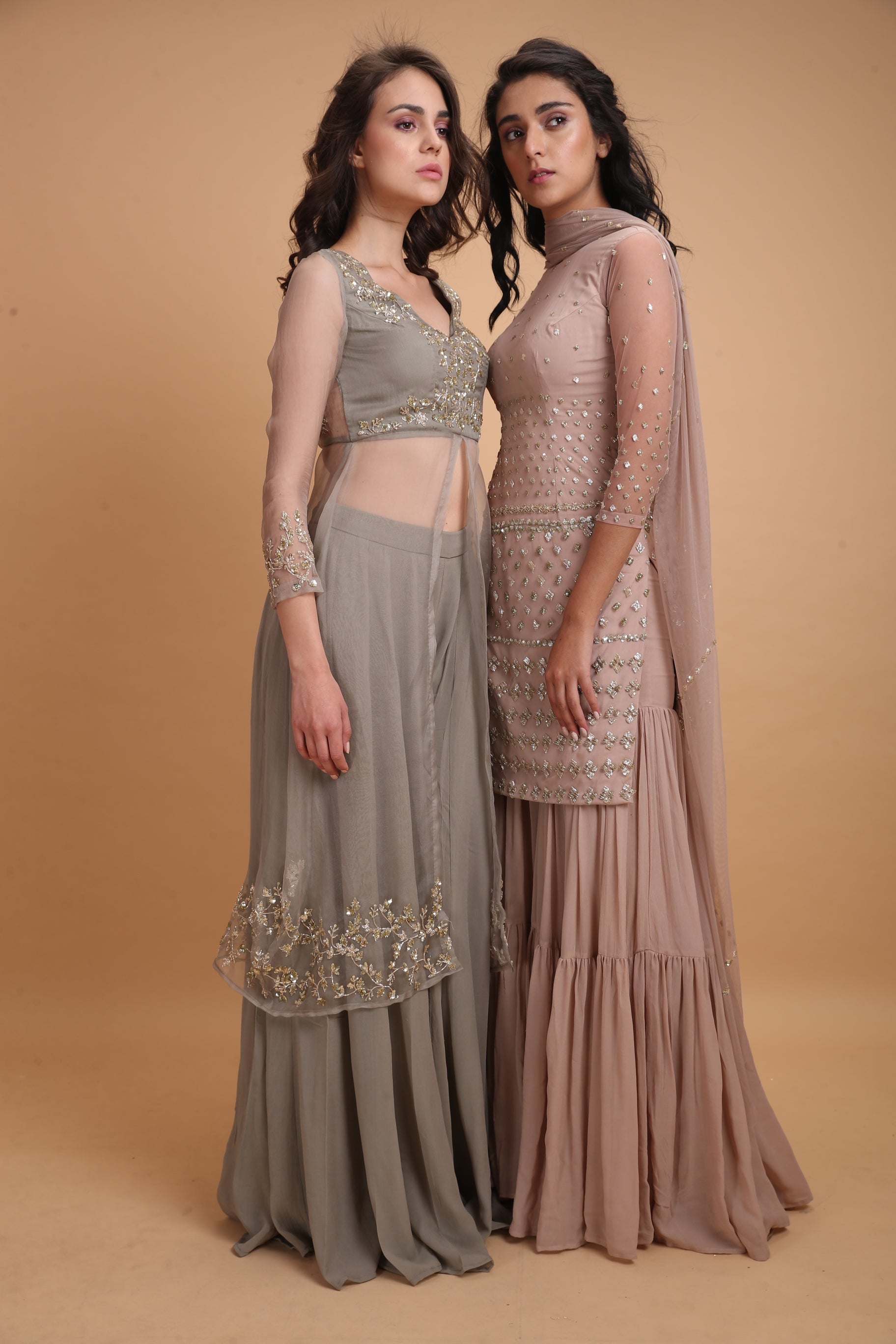Pale Pink Net Kurti With Sharara Set