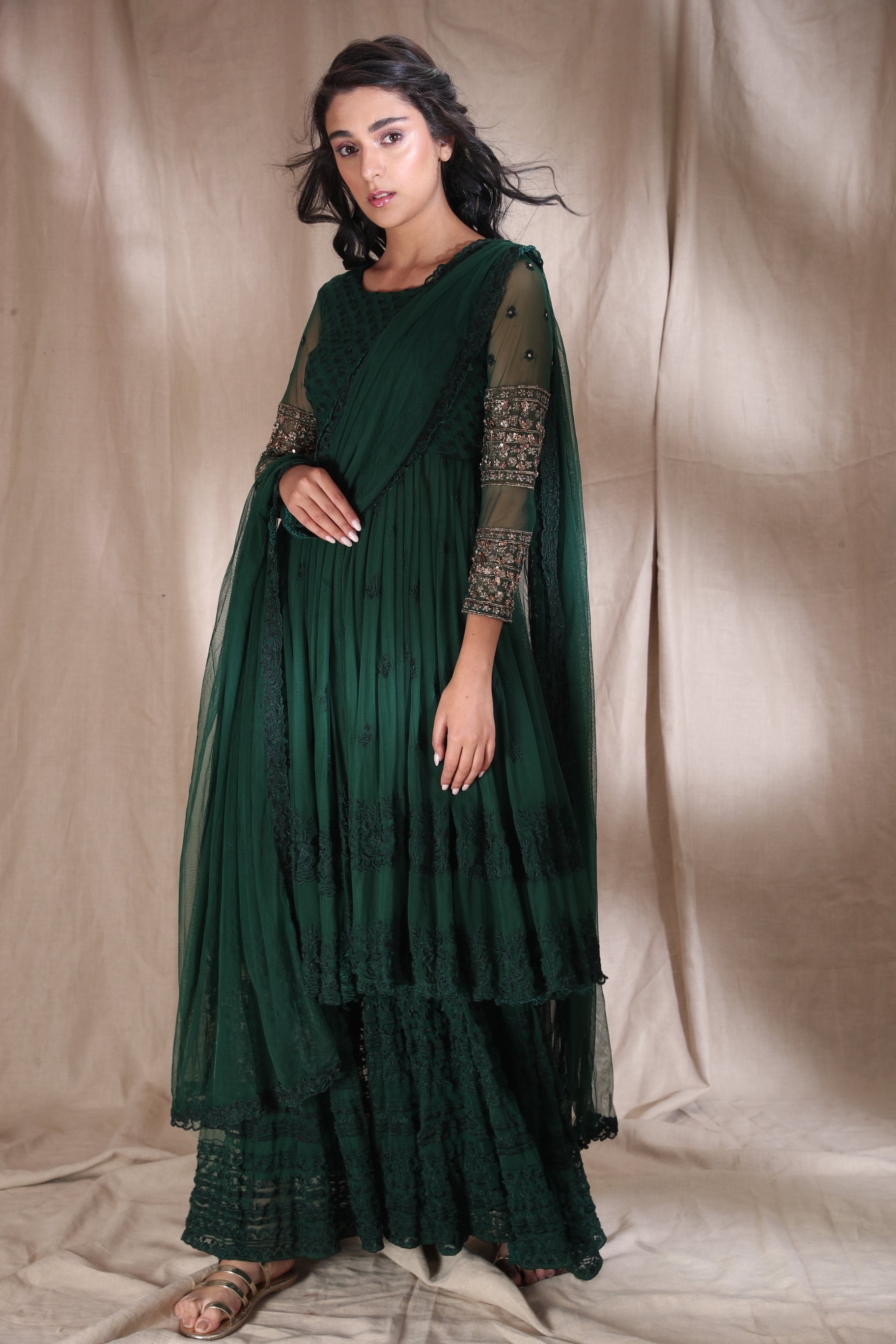 Emerald Green Threadwork With Jacket