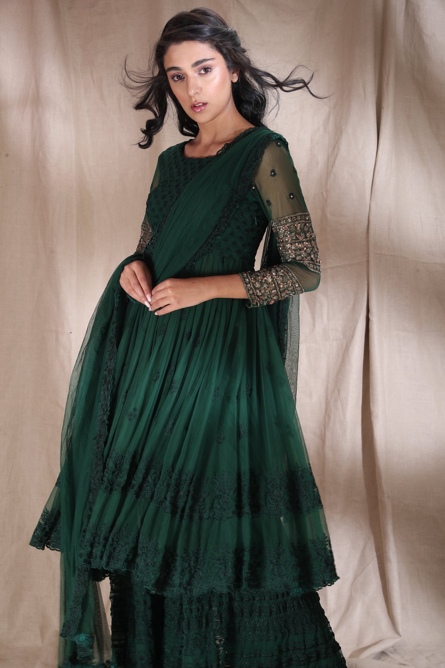 Emerald Green Threadwork With Jacket