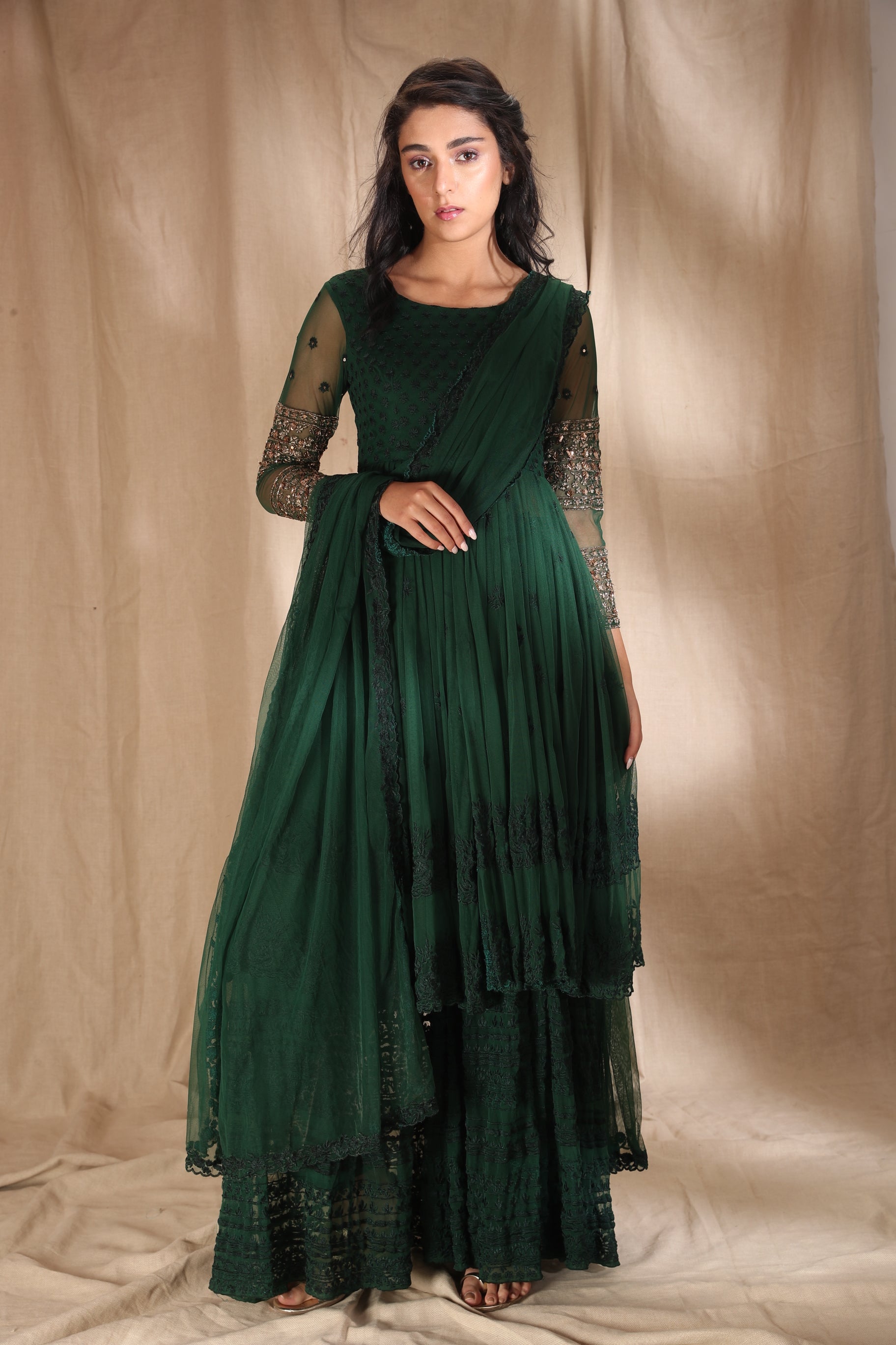 Emerald Green Threadwork With Jacket