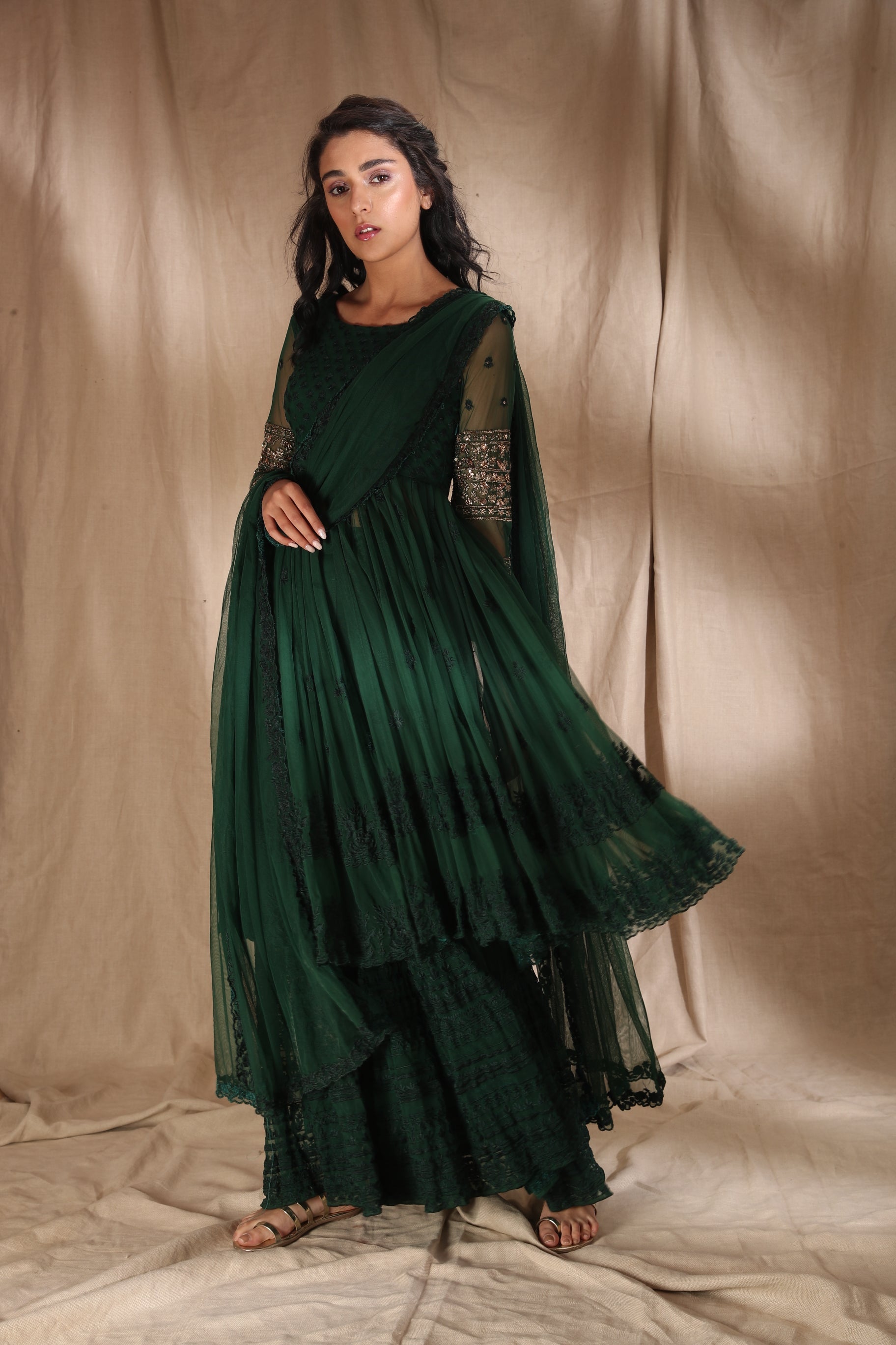 Emerald Green Threadwork With Jacket