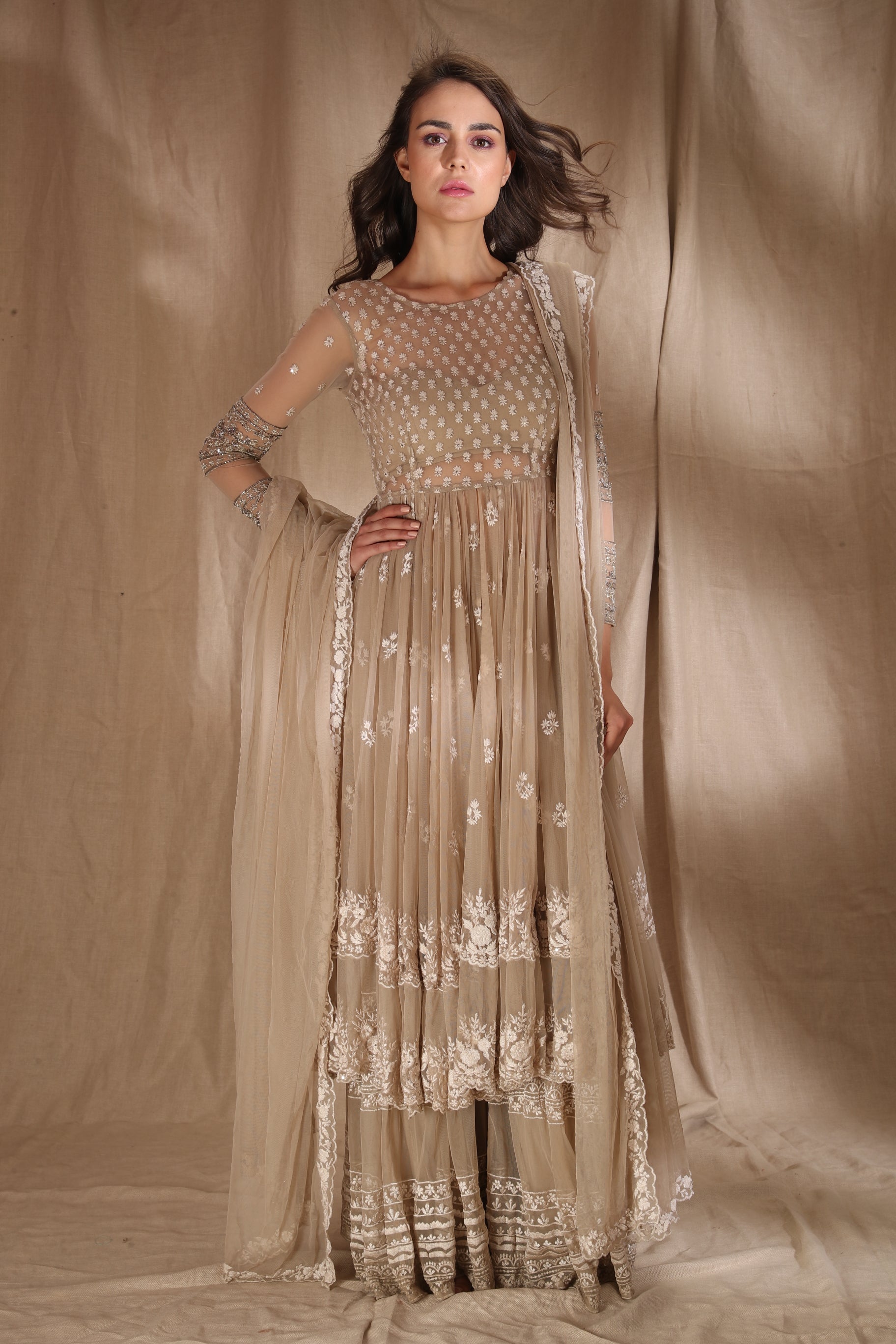 Beige Cream With Threadwork Jacket Set