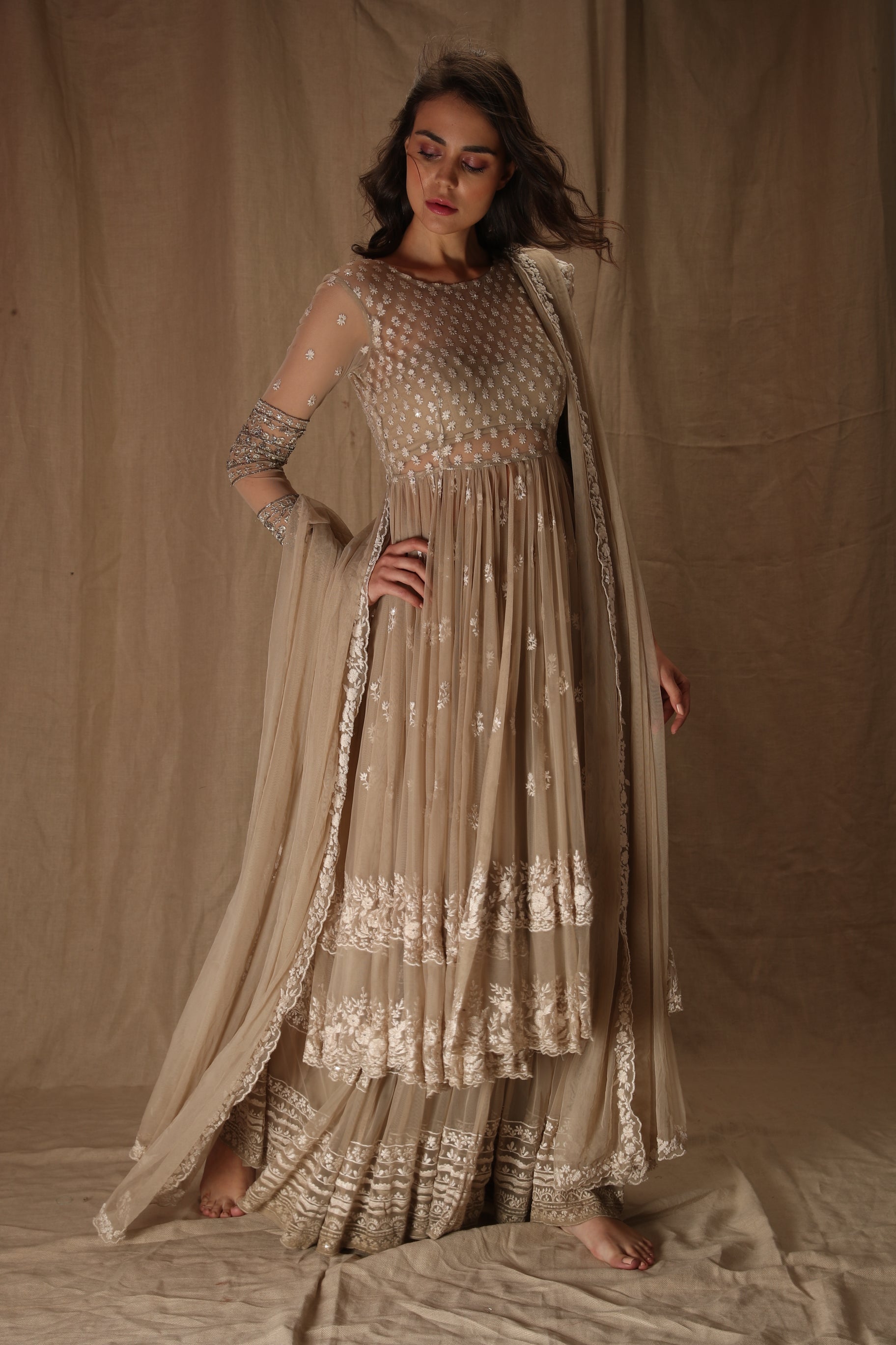 Beige Cream With Threadwork Jacket Set