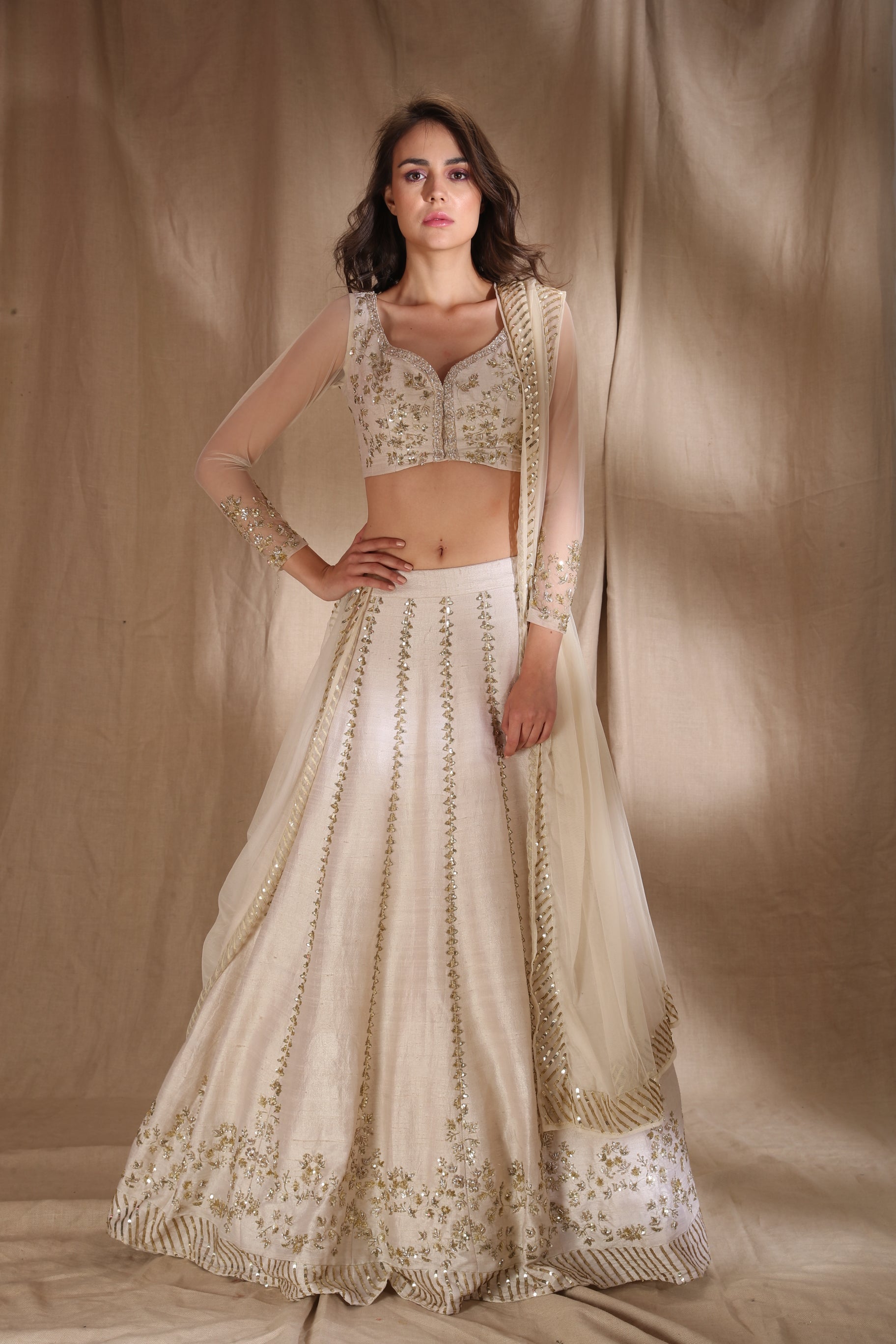 White And Gold Zari Sequin Lehenga