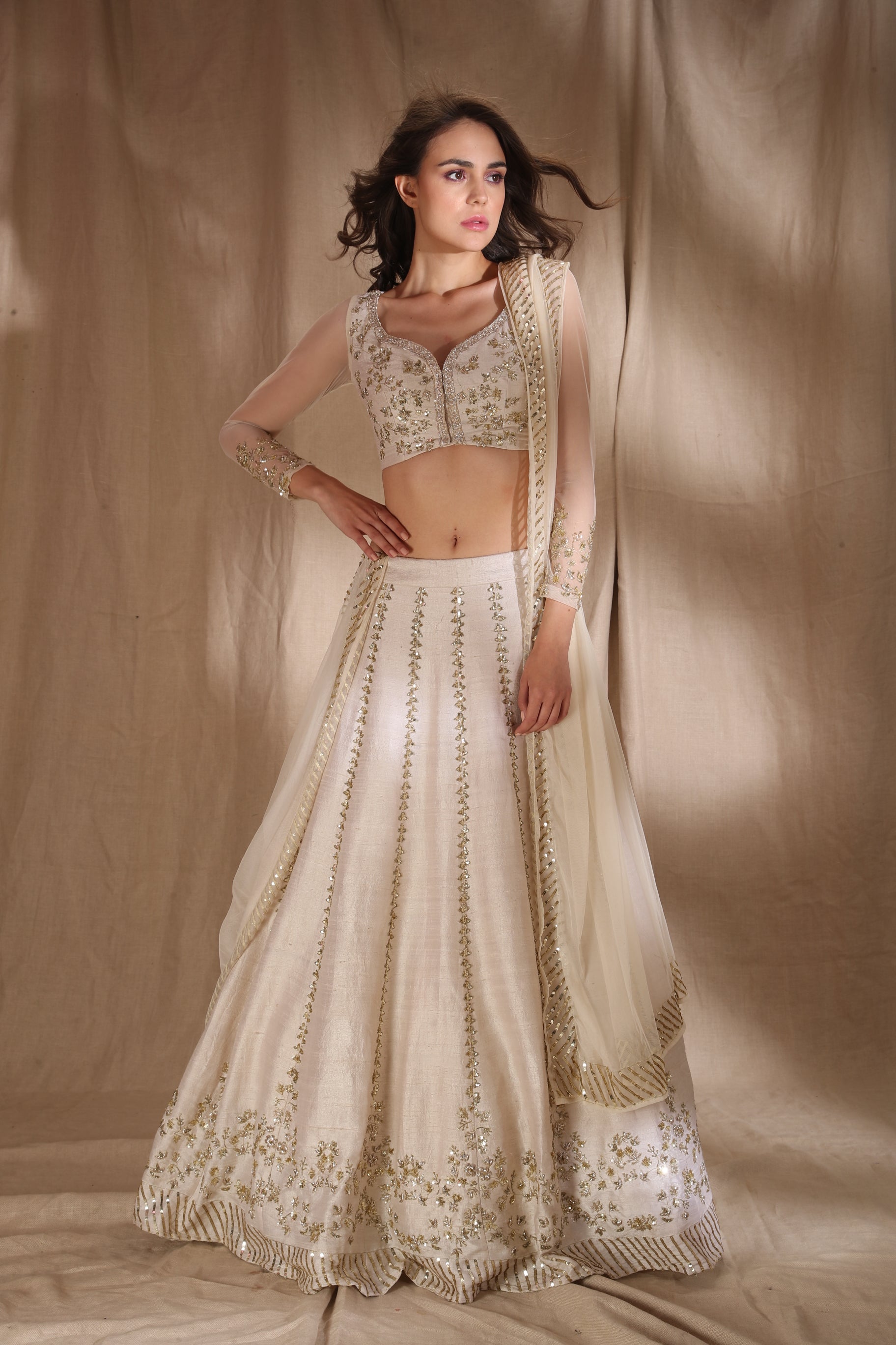 White And Gold Zari Sequin Lehenga