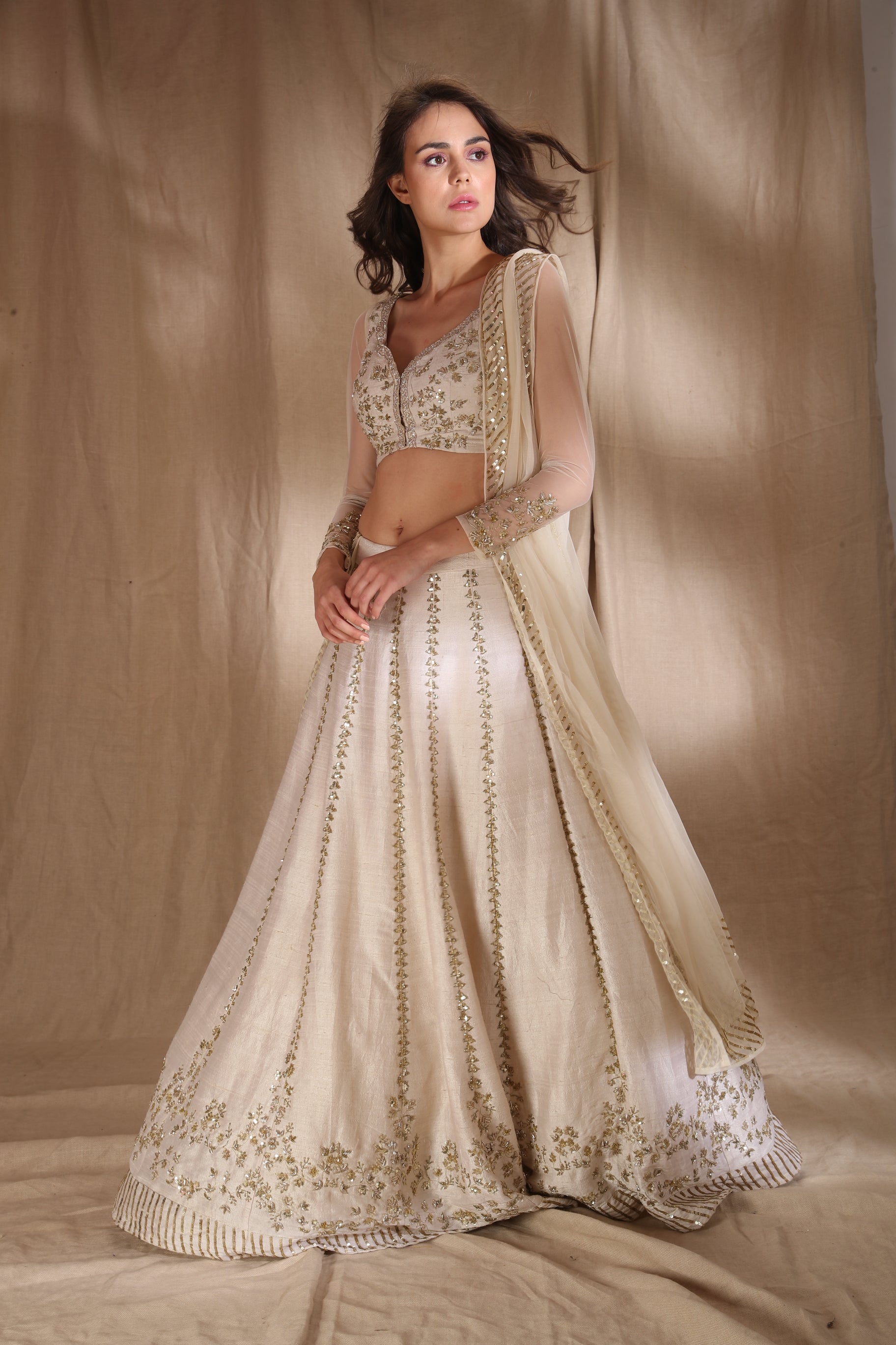 White And Gold Zari Sequin Lehenga