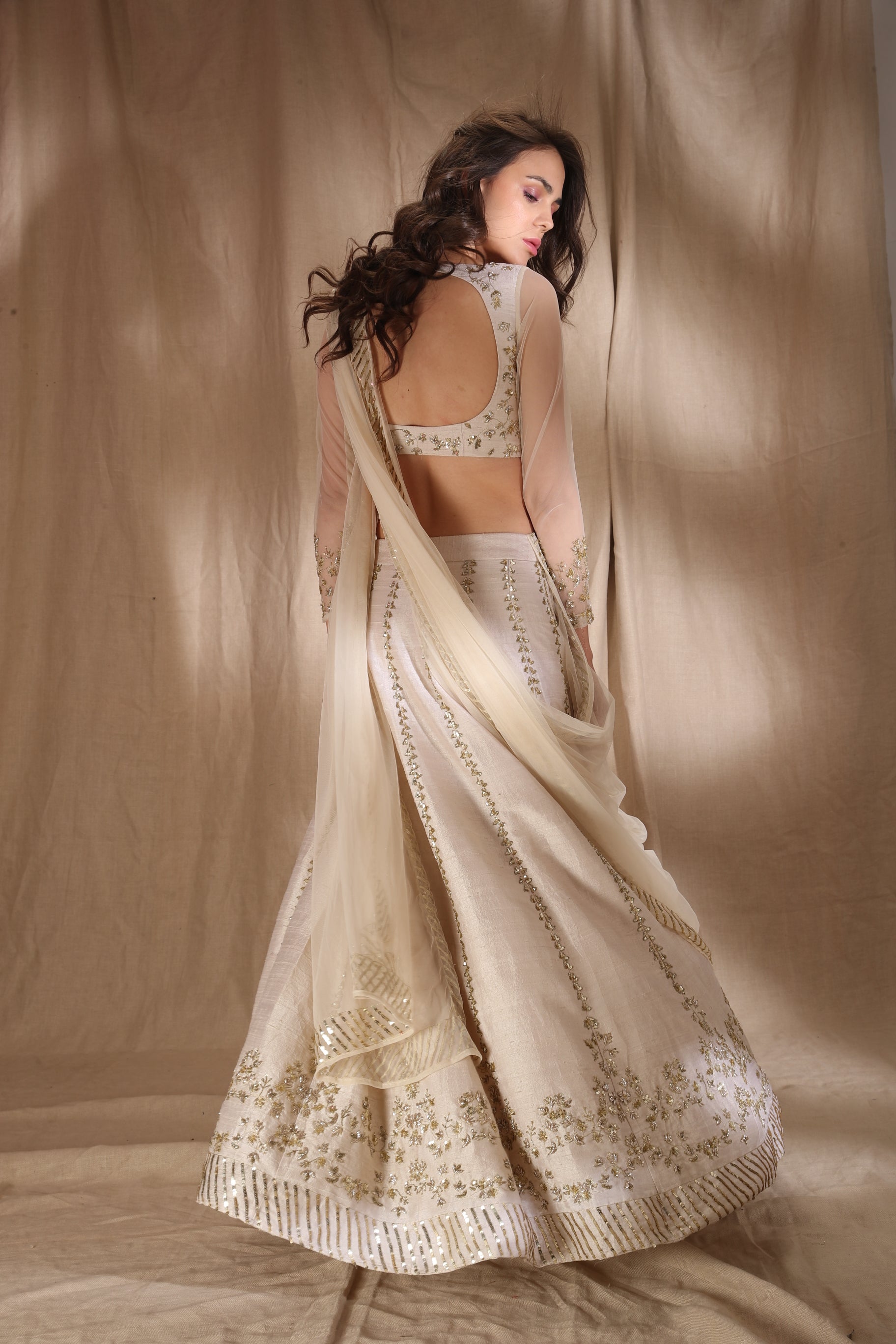 White And Gold Zari Sequin Lehenga
