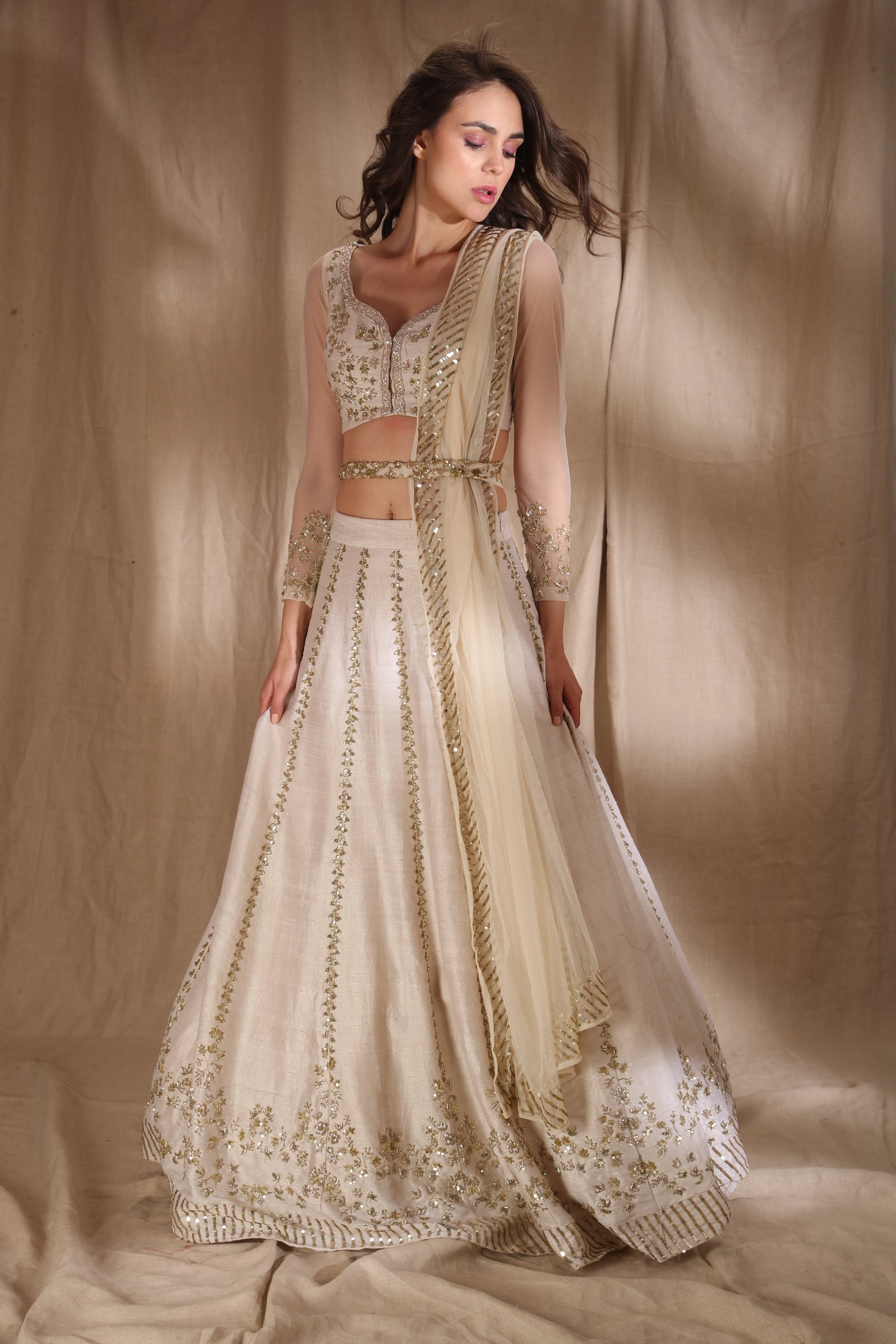 White And Gold Zari Sequin Lehenga