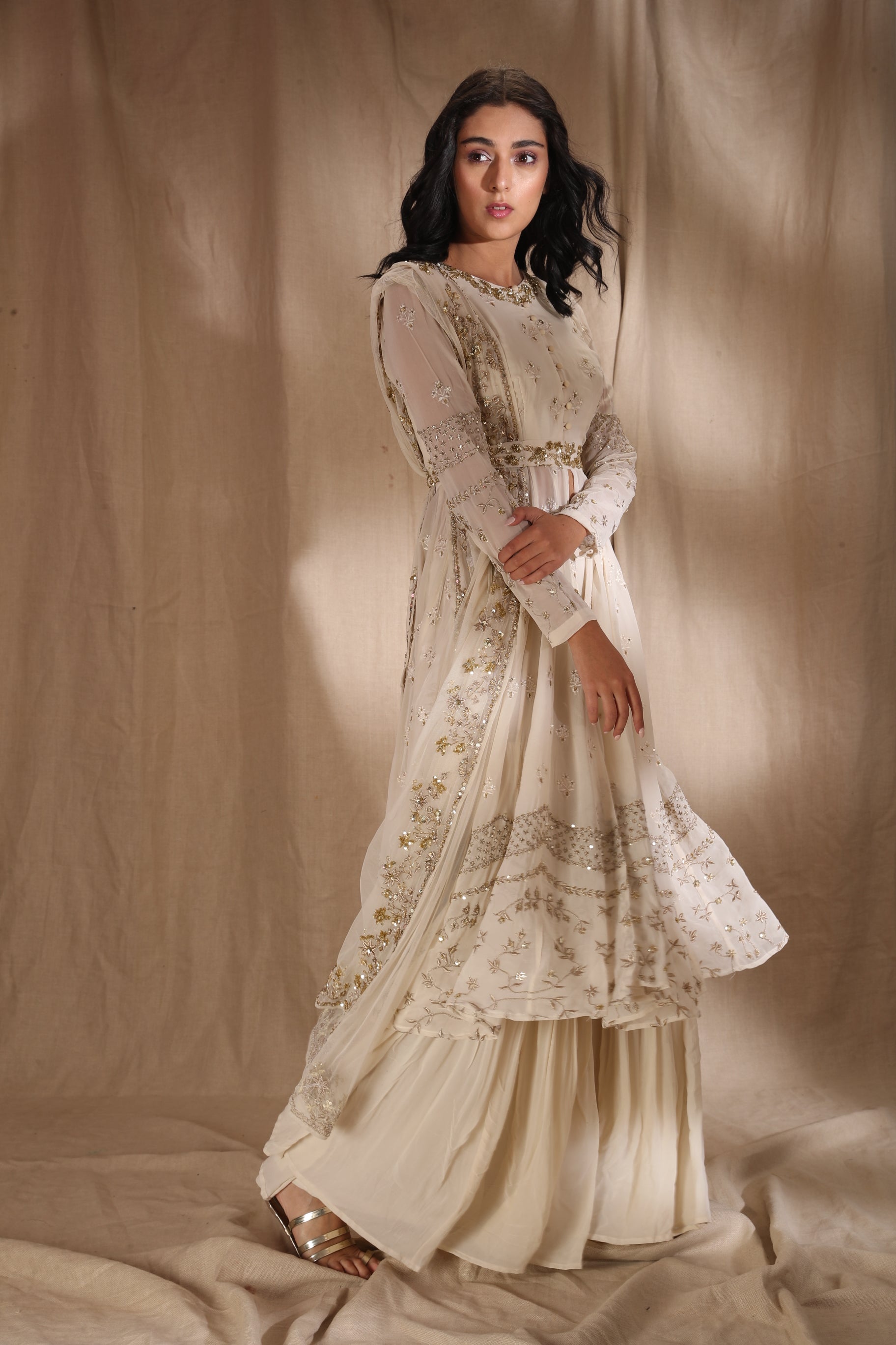 White And Gold Zari Front Open Jacket Set