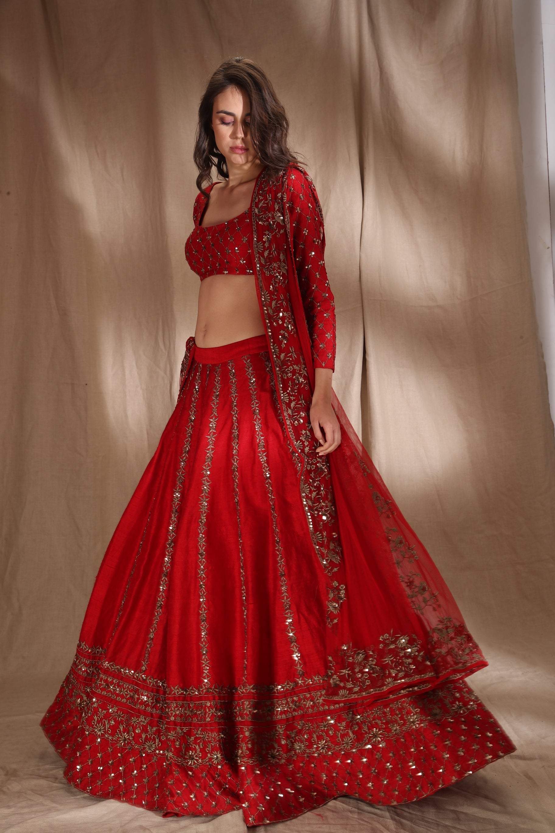 Red Zari Raw Silk Lehenga