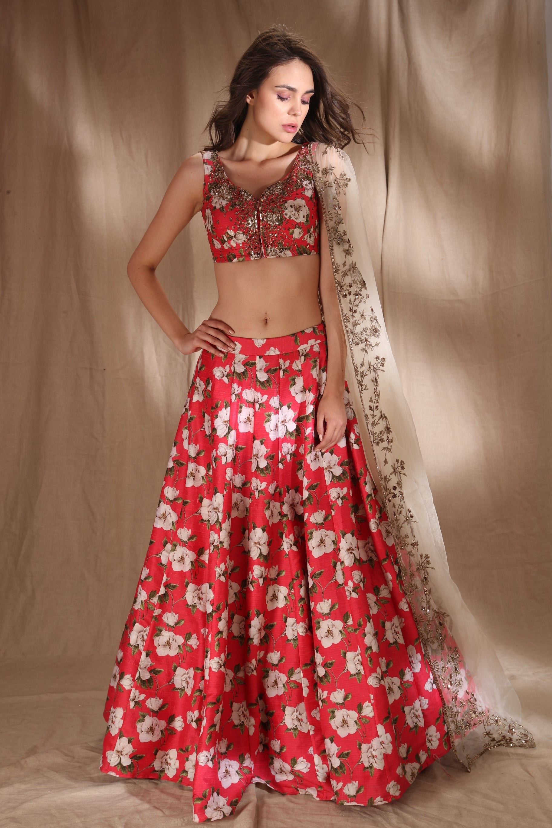 Hot Pink Floral Raw Silk Printed Lehenga