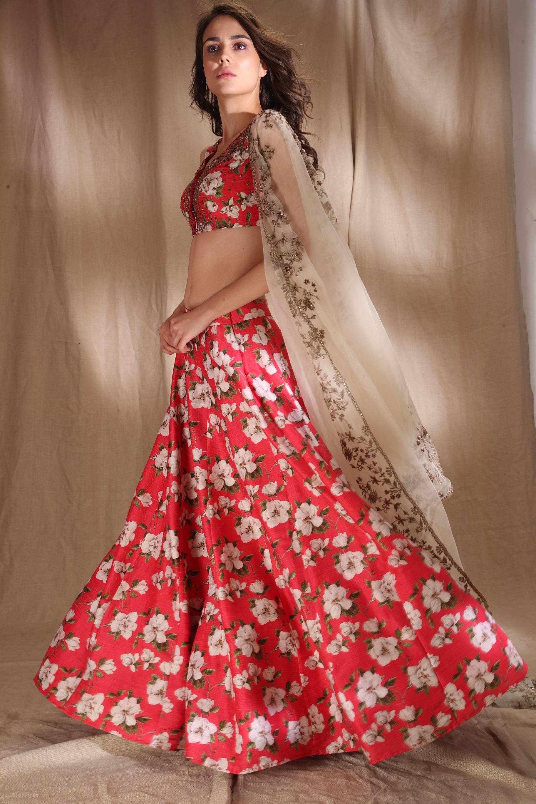 Hot Pink Floral Raw Silk Printed Lehenga