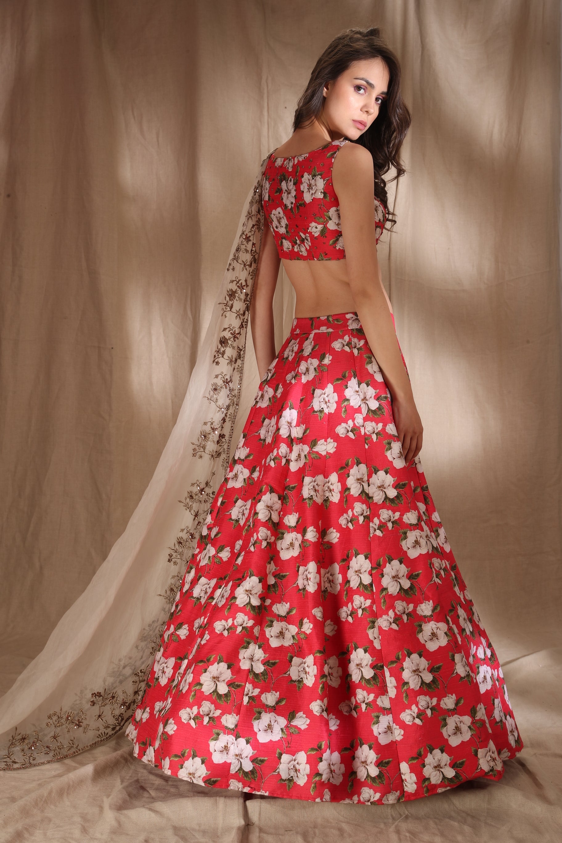 Hot Pink Floral Raw Silk Printed Lehenga