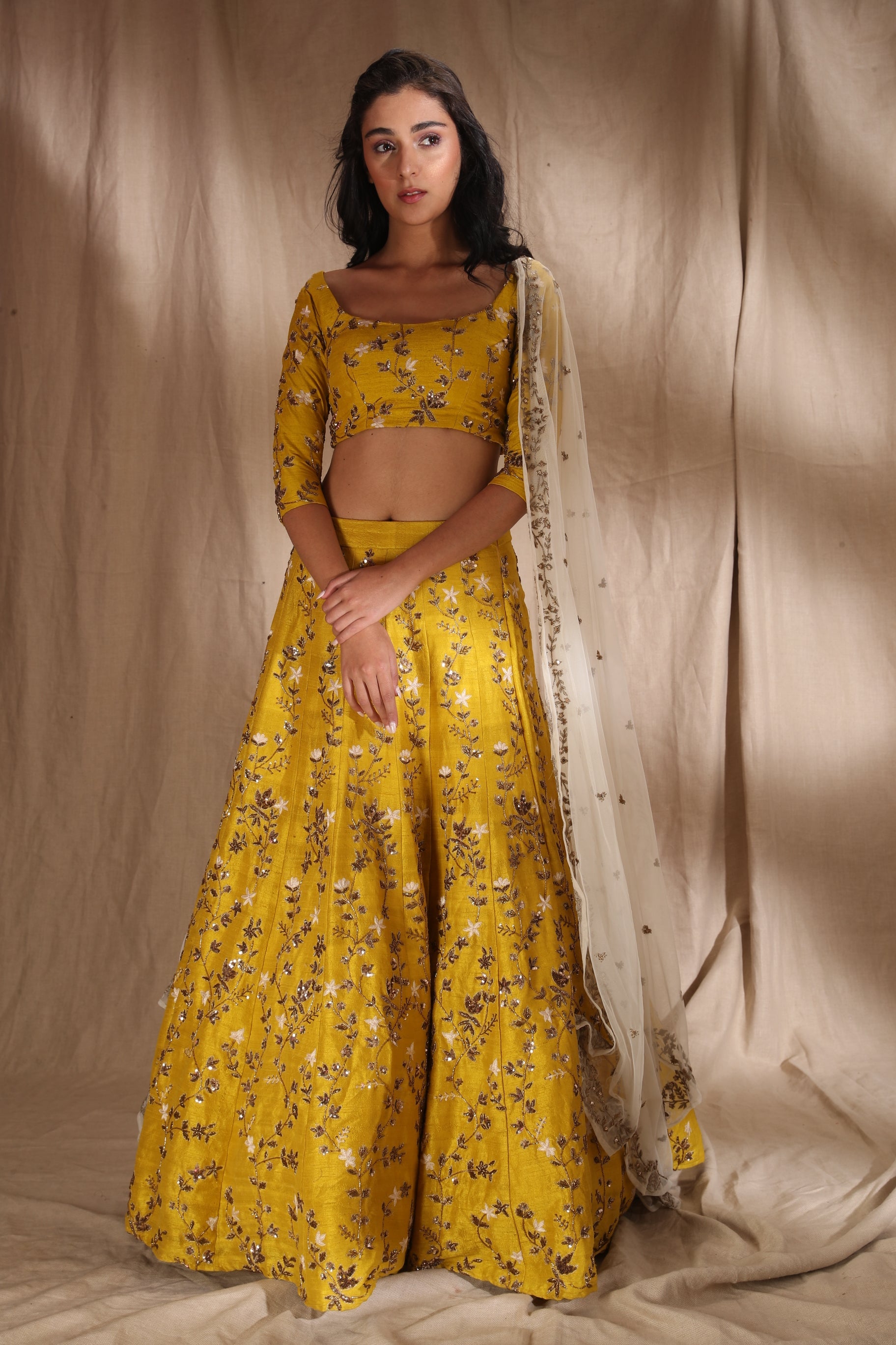 Mustard Zari Lehenga With Of White Dupatta