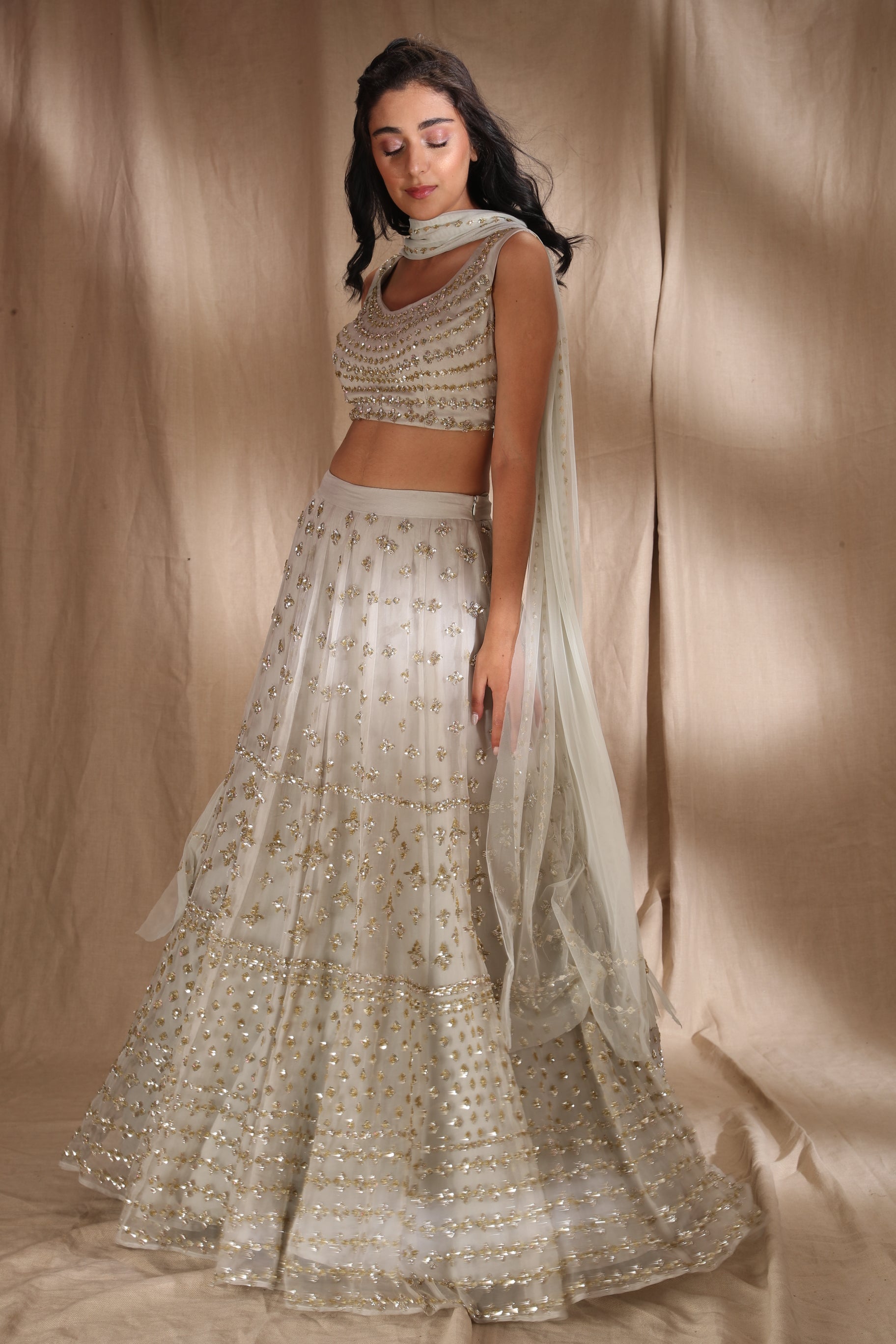 Grey And Silver Sequin Lehenga