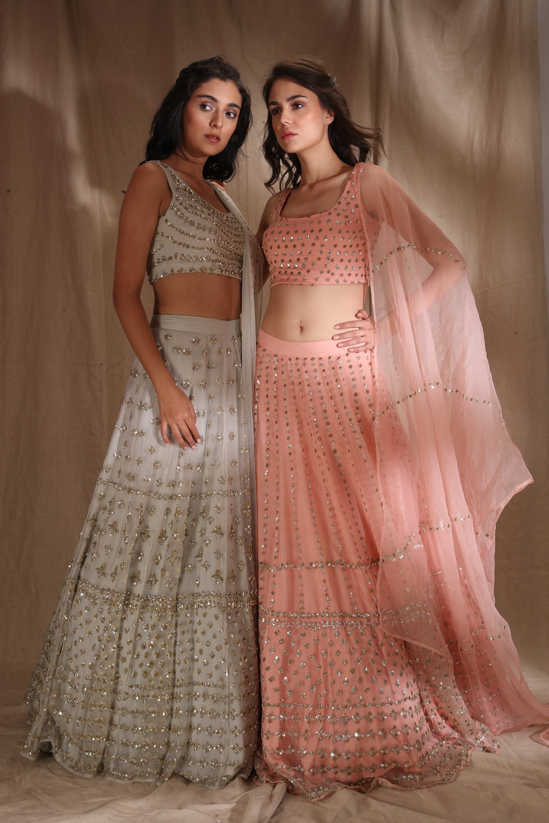 Peach Pink And Silver Sequin Lehenga
