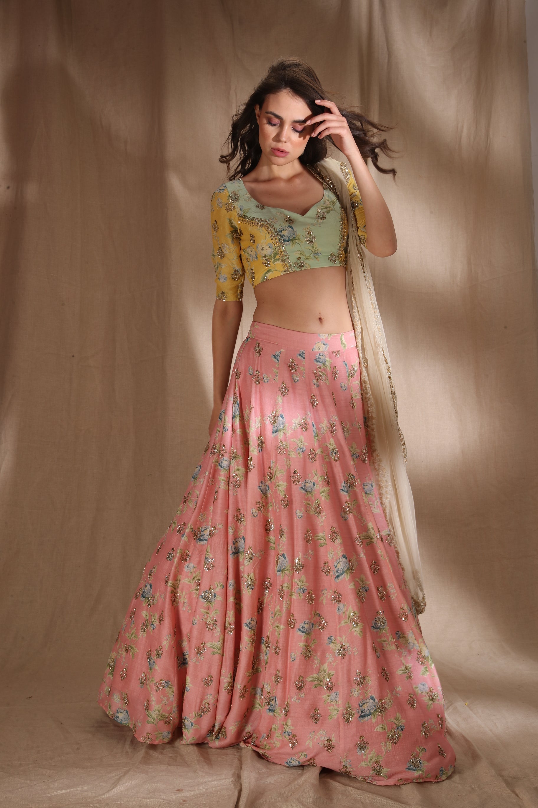 Pink And Lime Yellow Lehenga