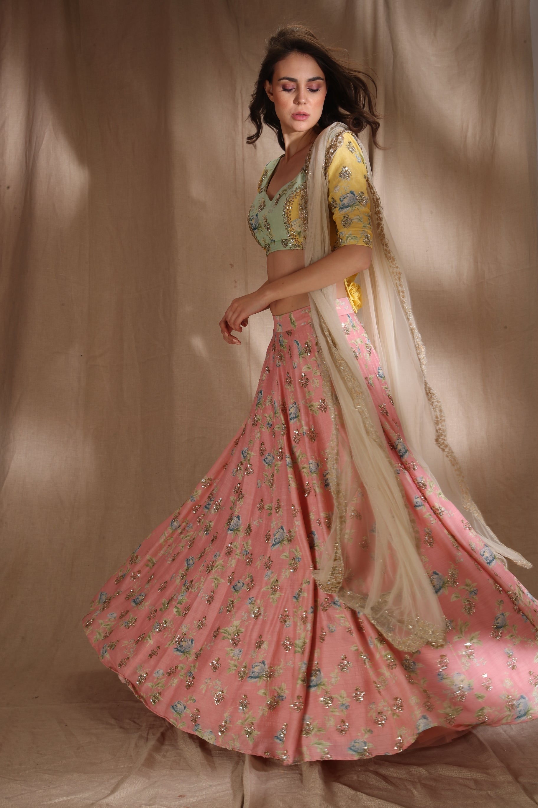 Pink And Lime Yellow Lehenga